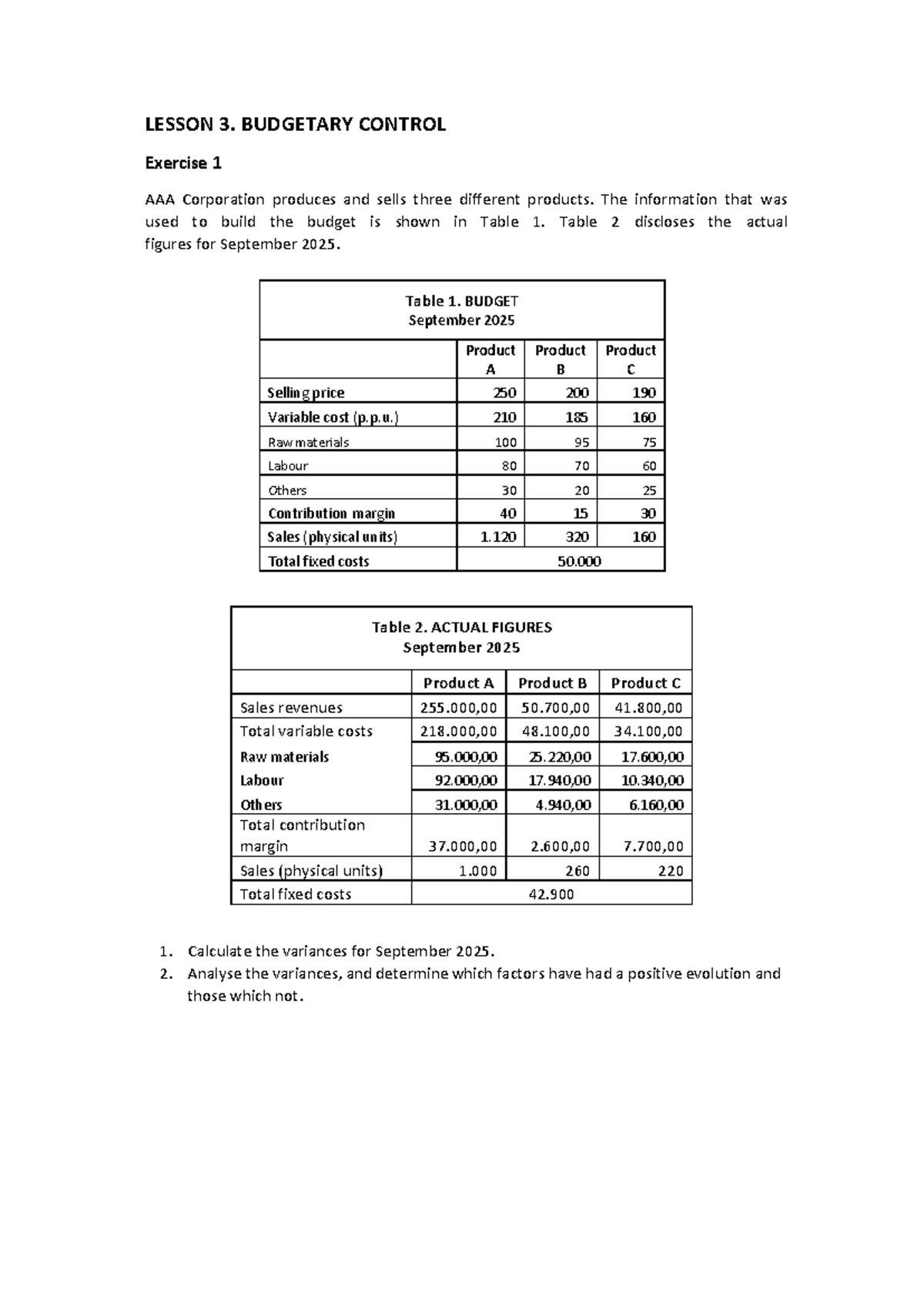LESSION 3: BUDGETARY CONTROL Exercise 1 Analysis & Variance - Studocu