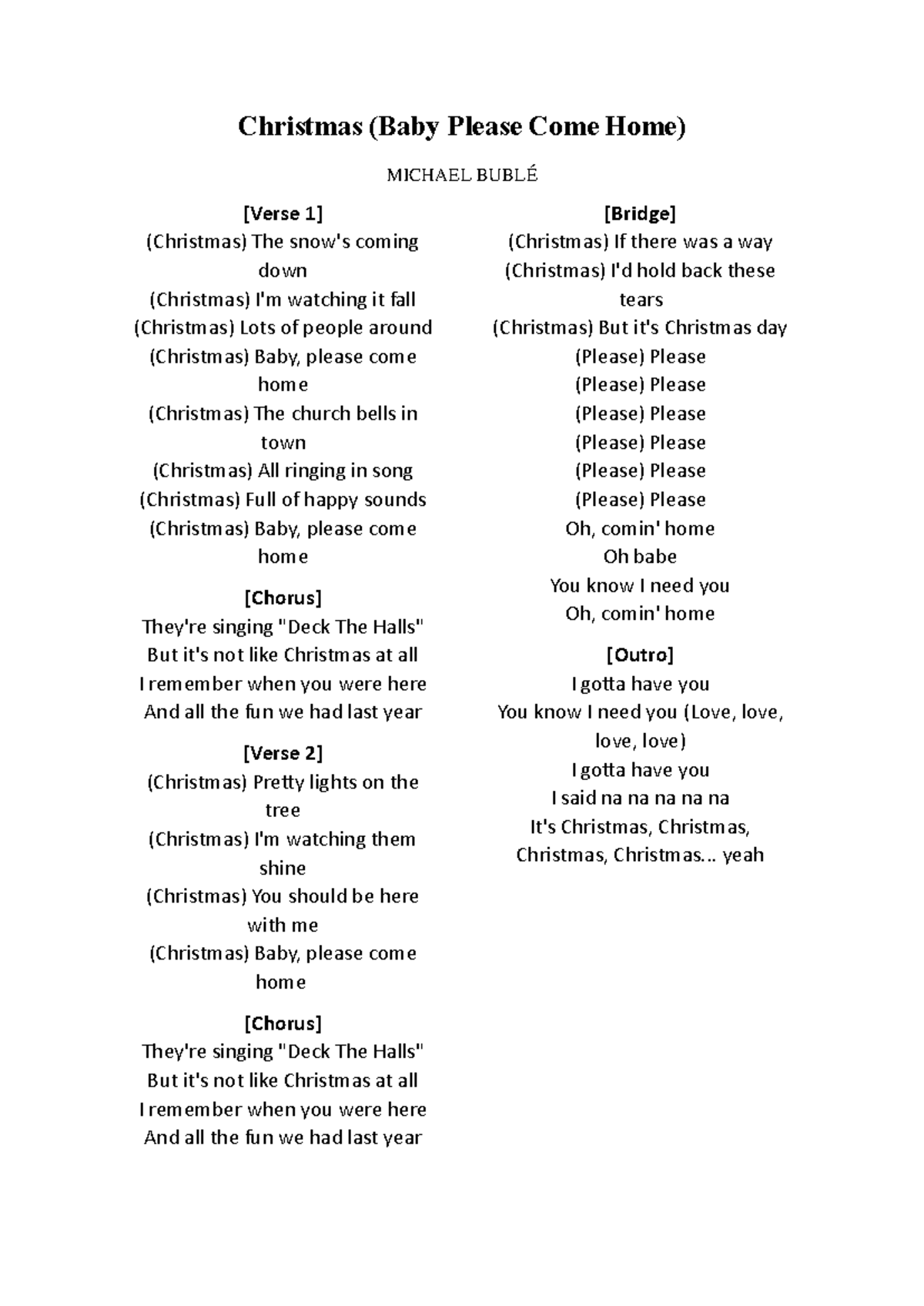 Christmas Song Analysis: "Ba, Please Come Home" by Michael Bublé - Studocu