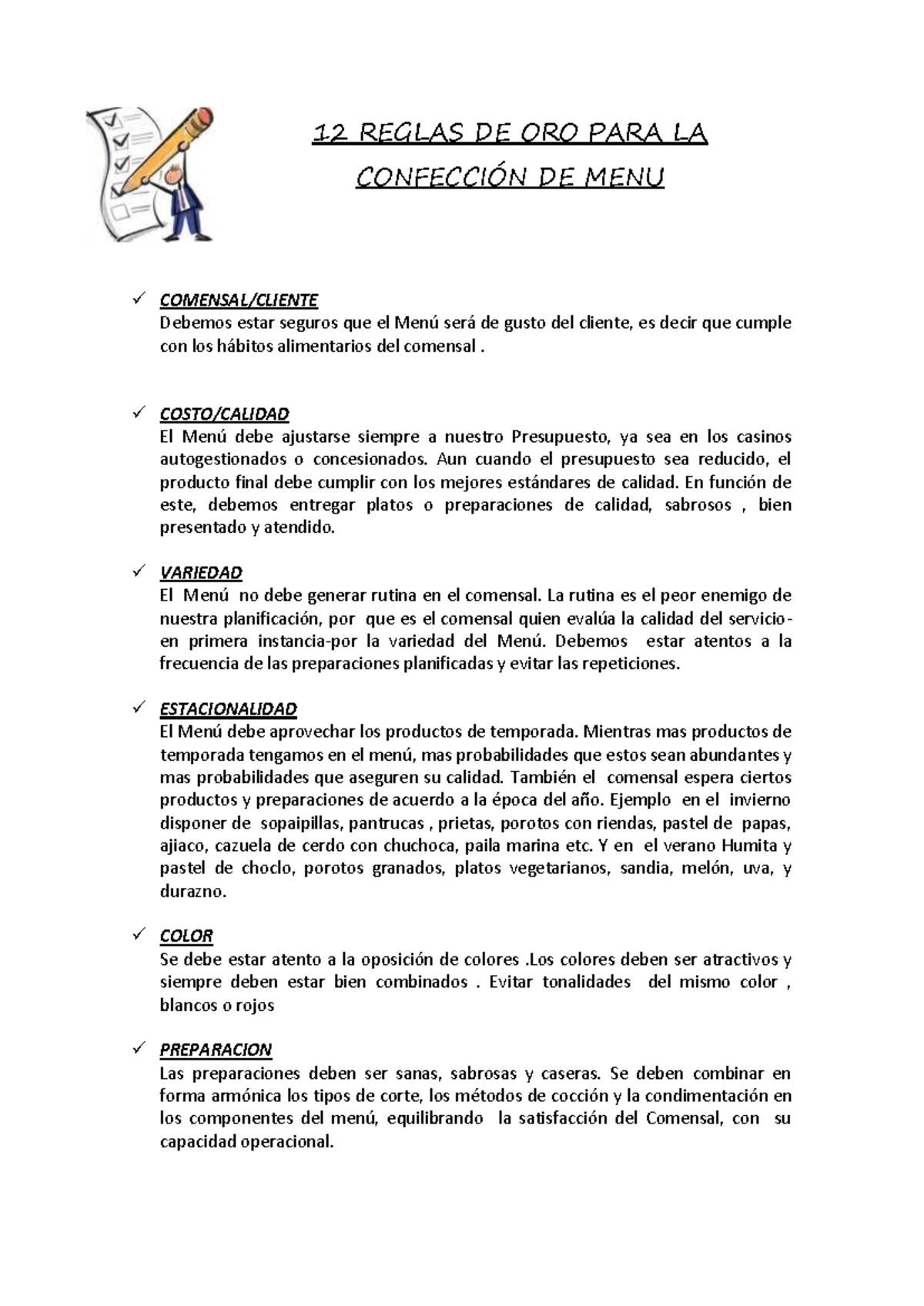 12 Reglas de Oro para la Confección de Menú - Apuntes - Document Preview