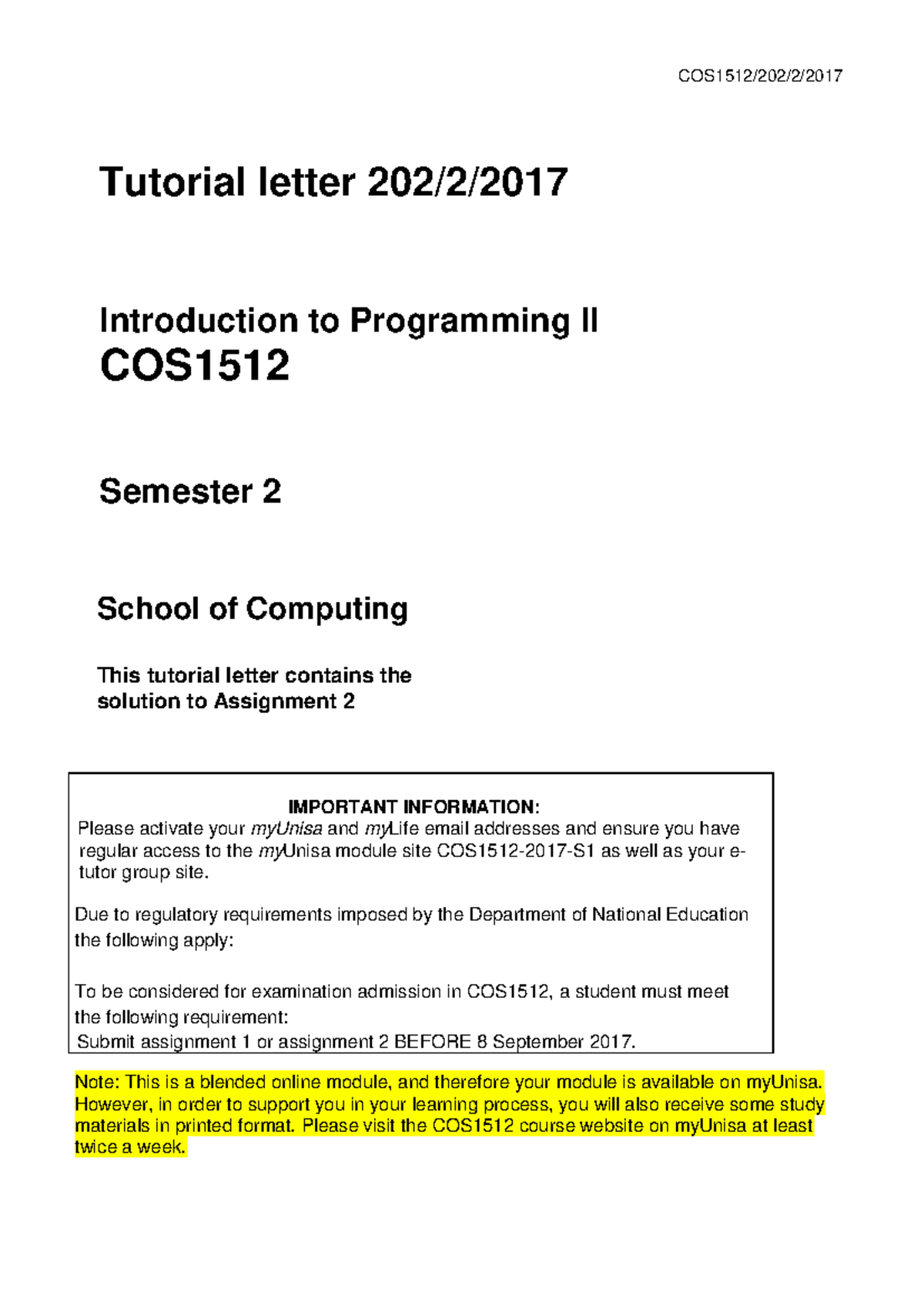 Tutorial letter 202 - Answers to assignment 2 of 2017 - COS1512/202/2 ...