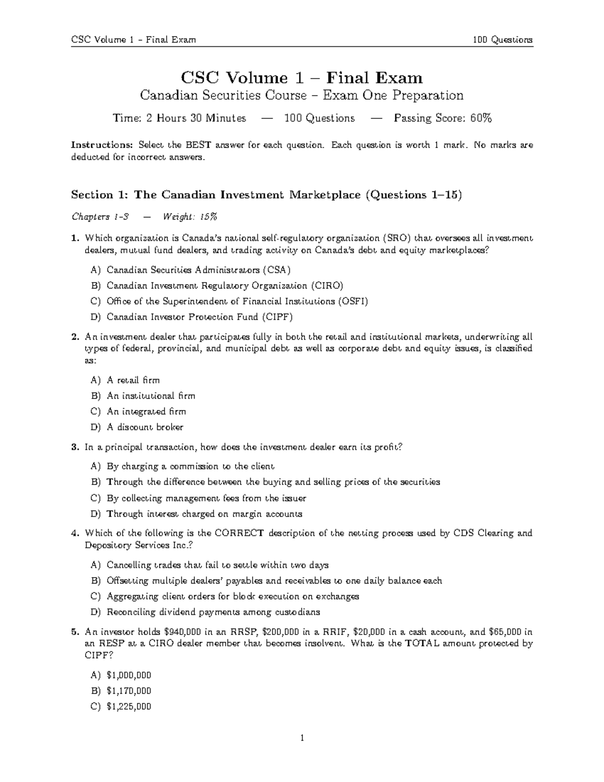CSC Volume 1 Final Exam: 100 Practice Questions for Preparation - Studocu