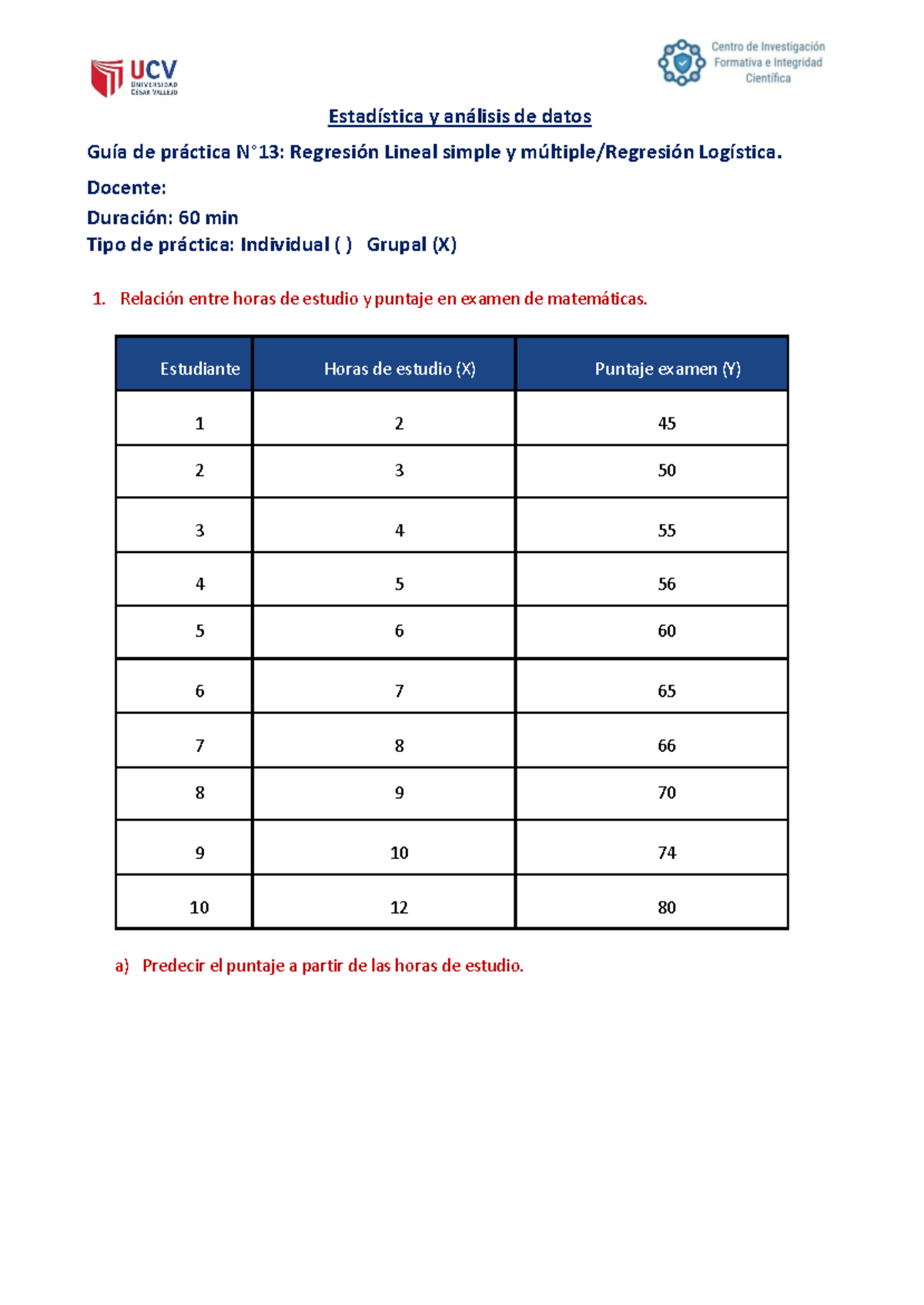 Guía de Práctica: Regresión Lineal y Logística en Estadística (SES 13) - Document Preview
