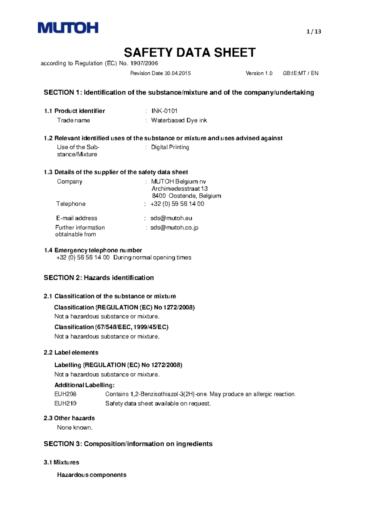 INK-0101 EN - Safety Data Sheet for Waterbased Dye Ink - Studocu