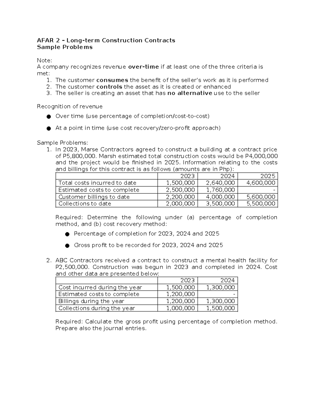 AFAR 2 – Construction Contracts & Revenue Recognition Sample Problems ...