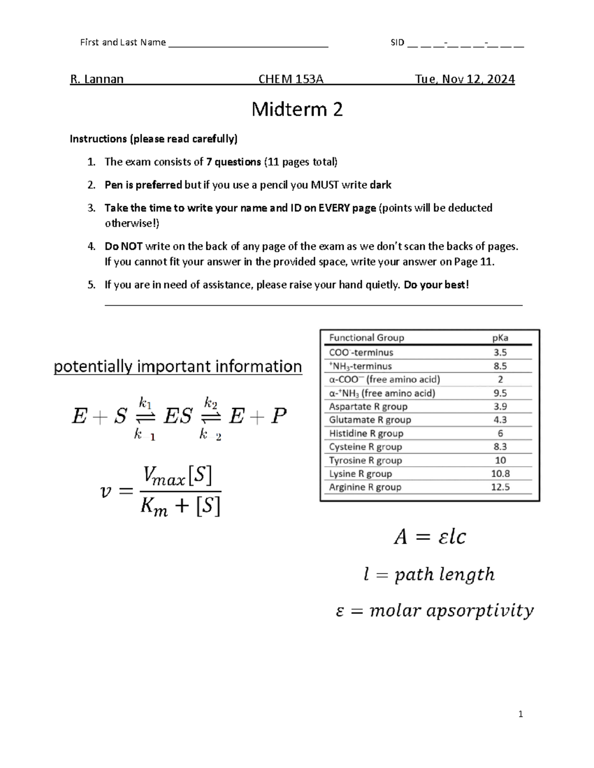Chem 153A - Midterm 2 Practice Exam Instructions (F24) - Studocu