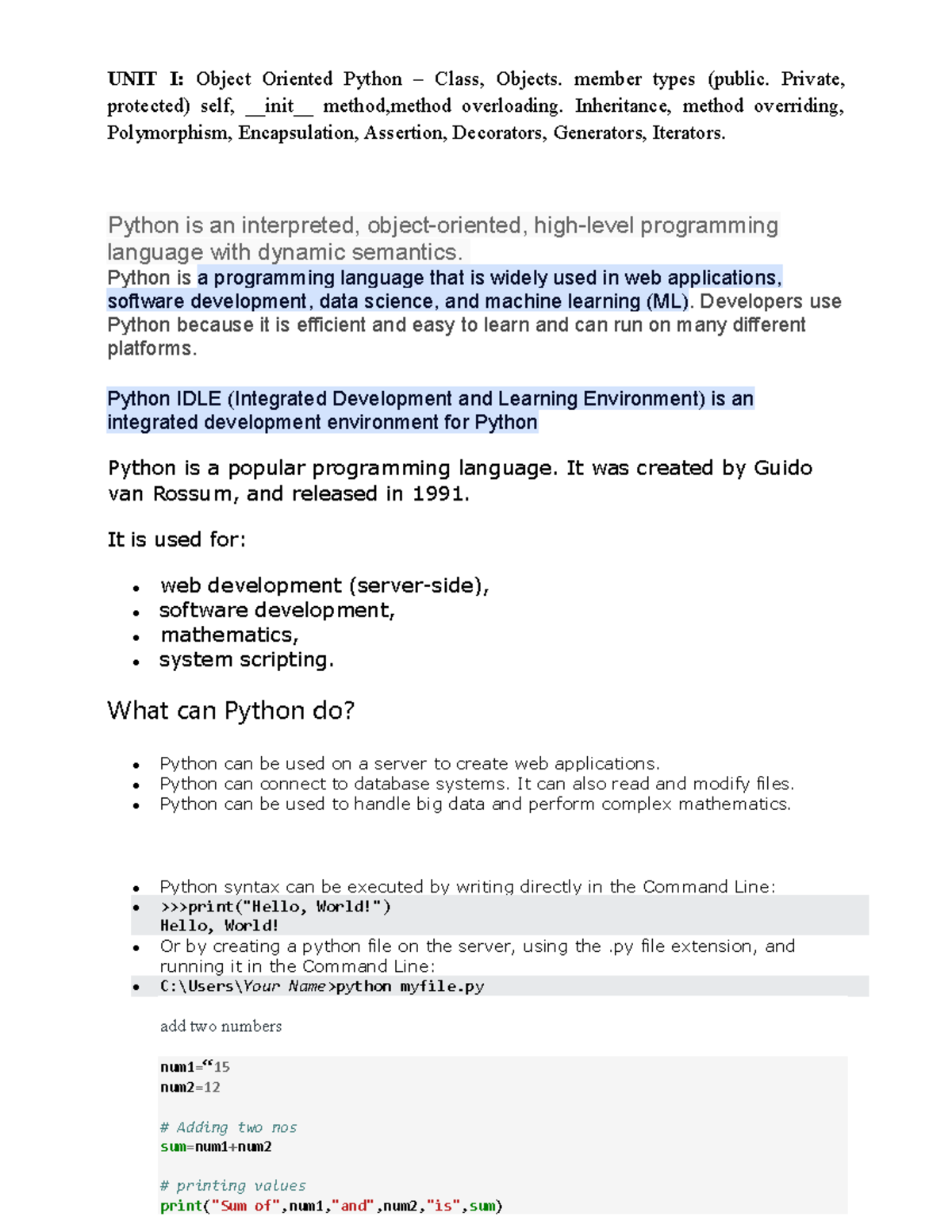 Adv Python (CS101) Unit 1: OOP Concepts & Features - Studocu
