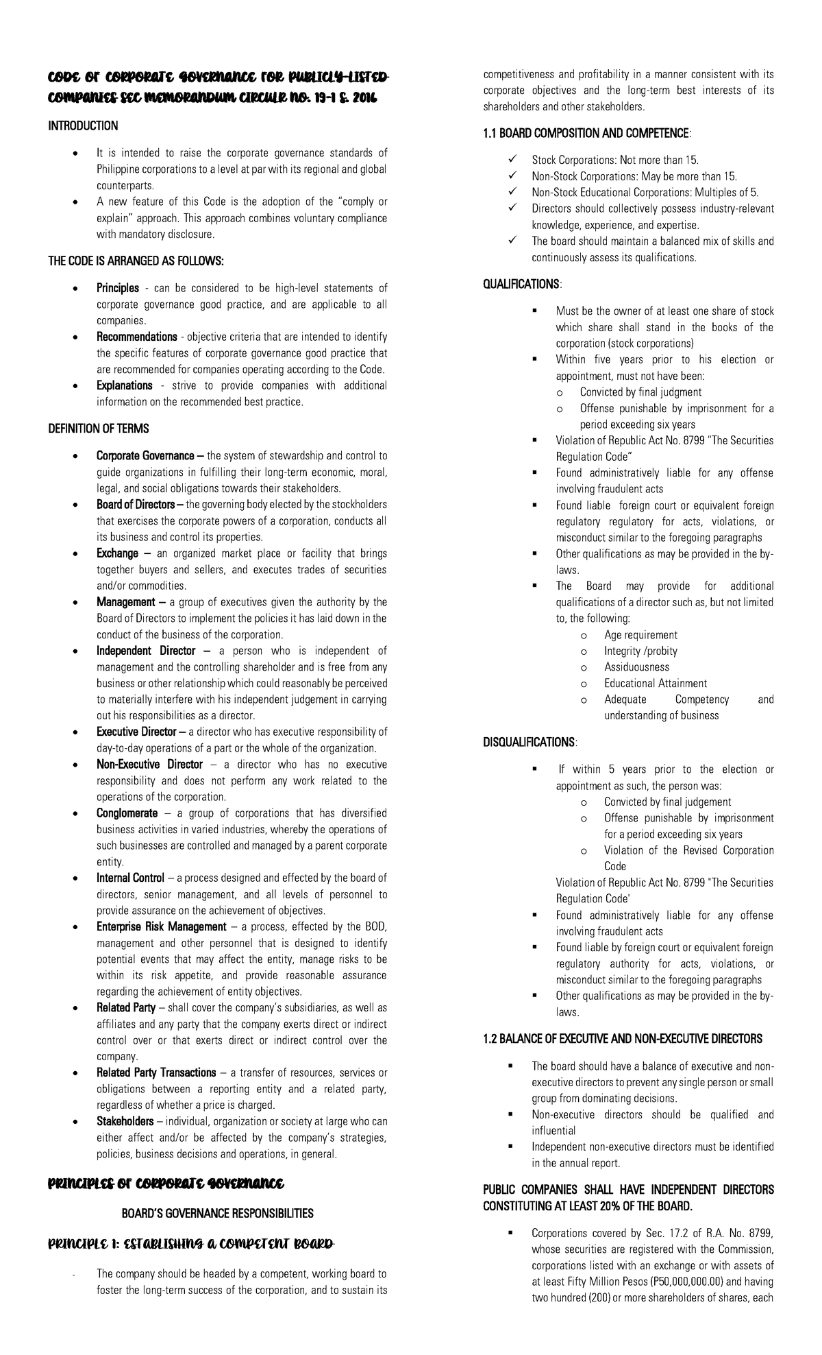 Corporate Governance Code Review: SEC Memorandum Circular No. S. 2016 ...
