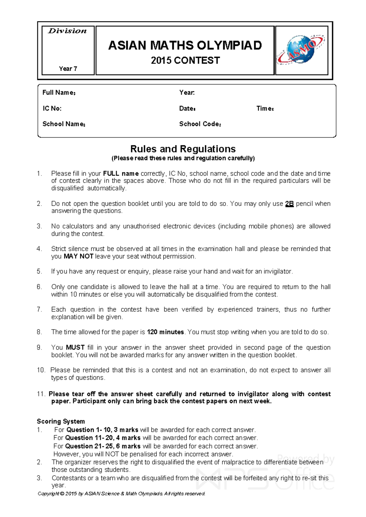ASMO 2015 Year 7 Contest Rules and Questions - Studocu