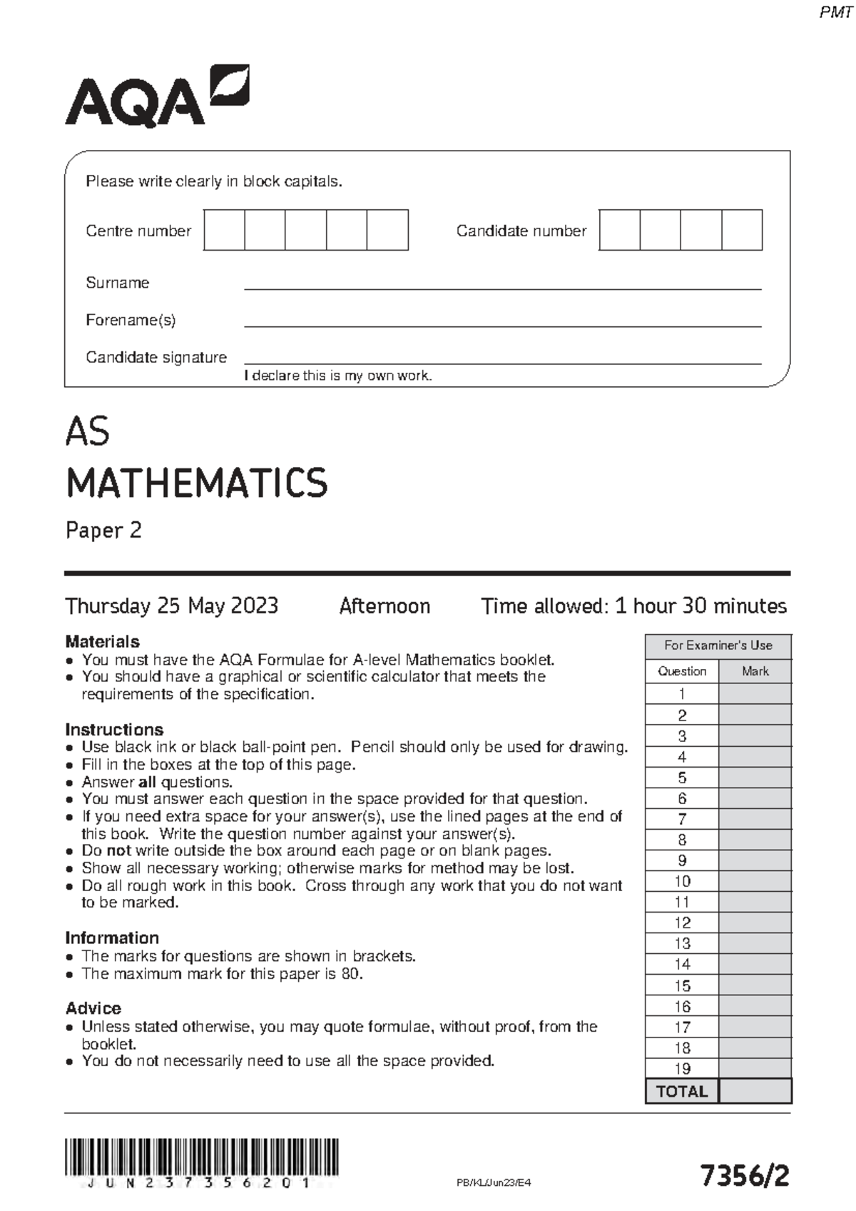 June 2023 AS MATHEMATICS Paper 2 Question Paper (QP) - Studocu