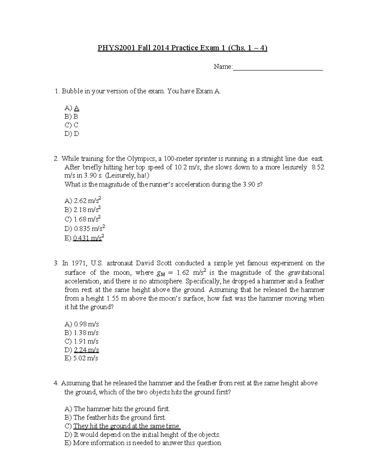 PHYS2001 Fall 2014 Practice Exam 1 Review (Chs. 1-4) - Studocu