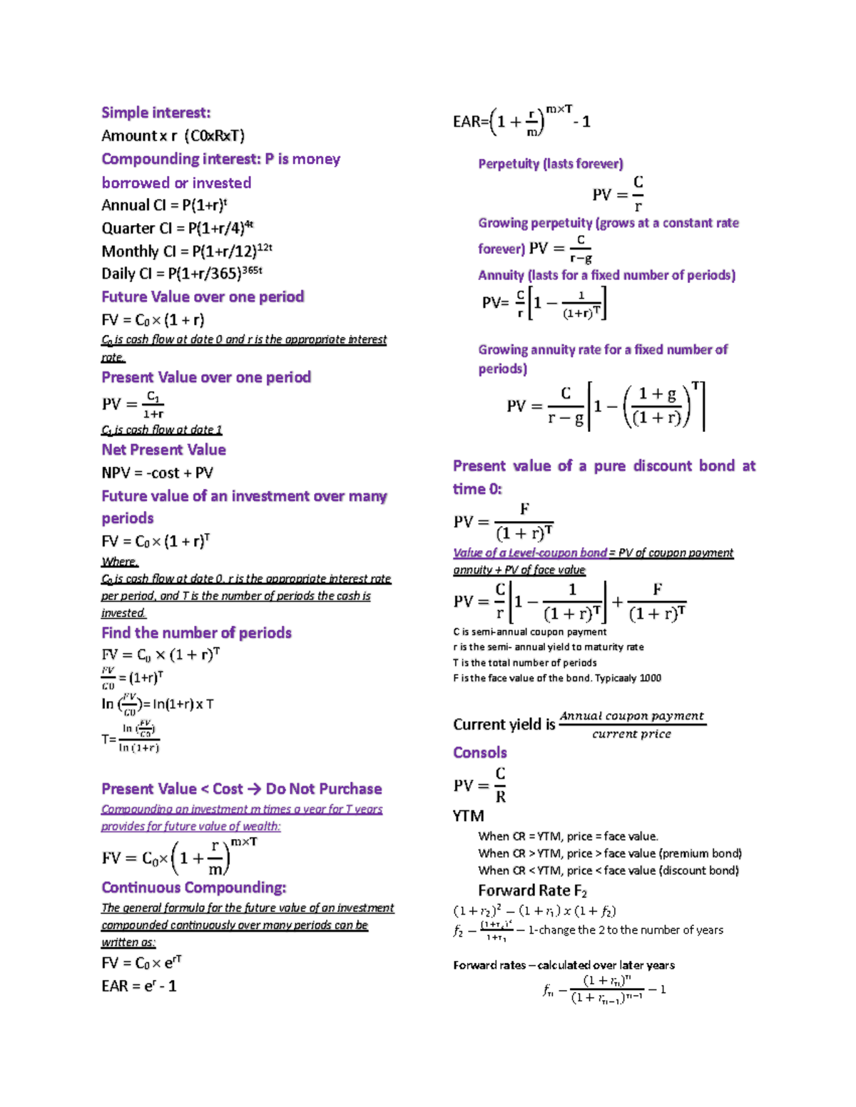 Finance formula sheet - Simple interest: Amount x r (C0xRxT ...