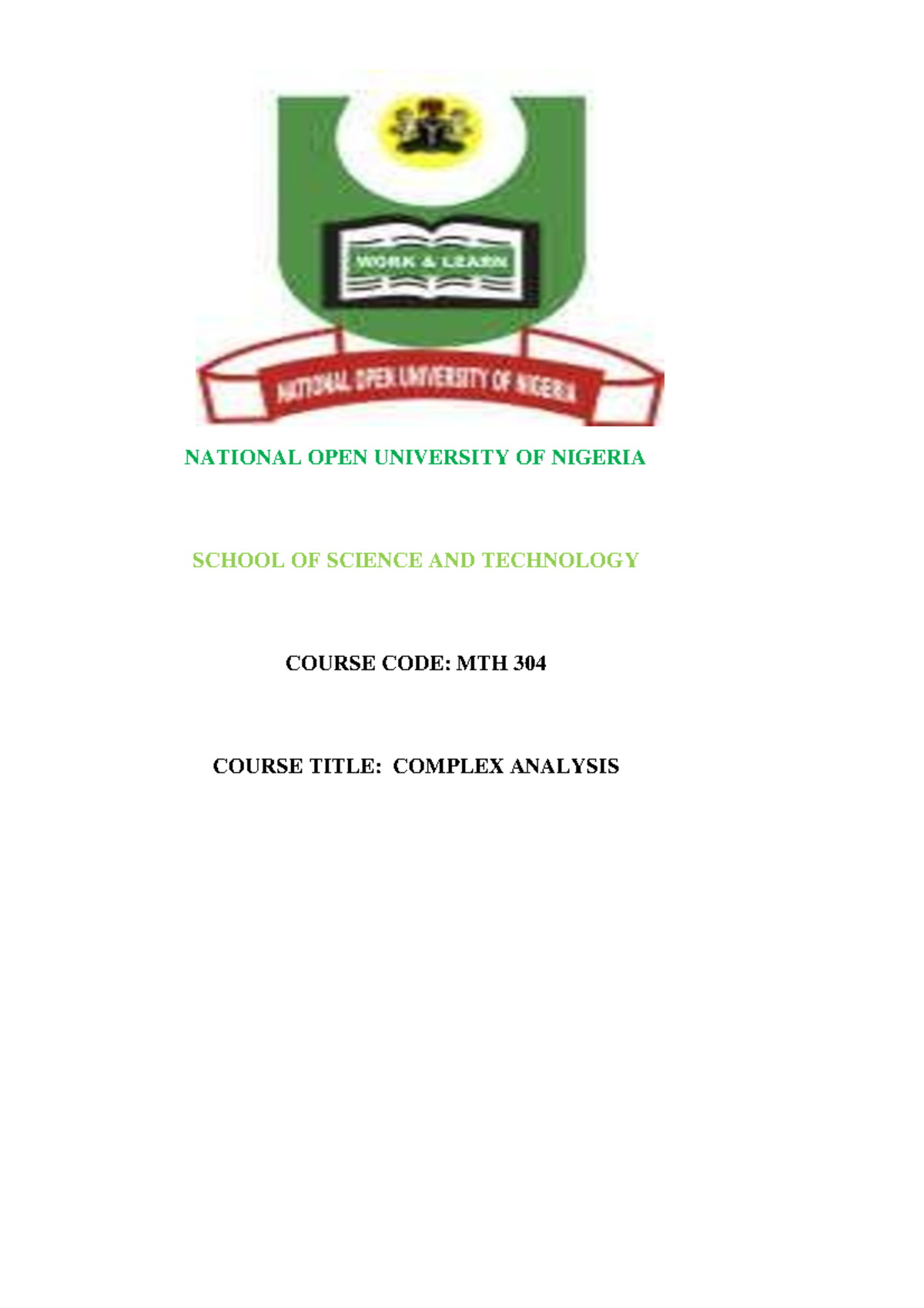 MTH 304 Complex Analysis Course Guide and Study Units - Studocu