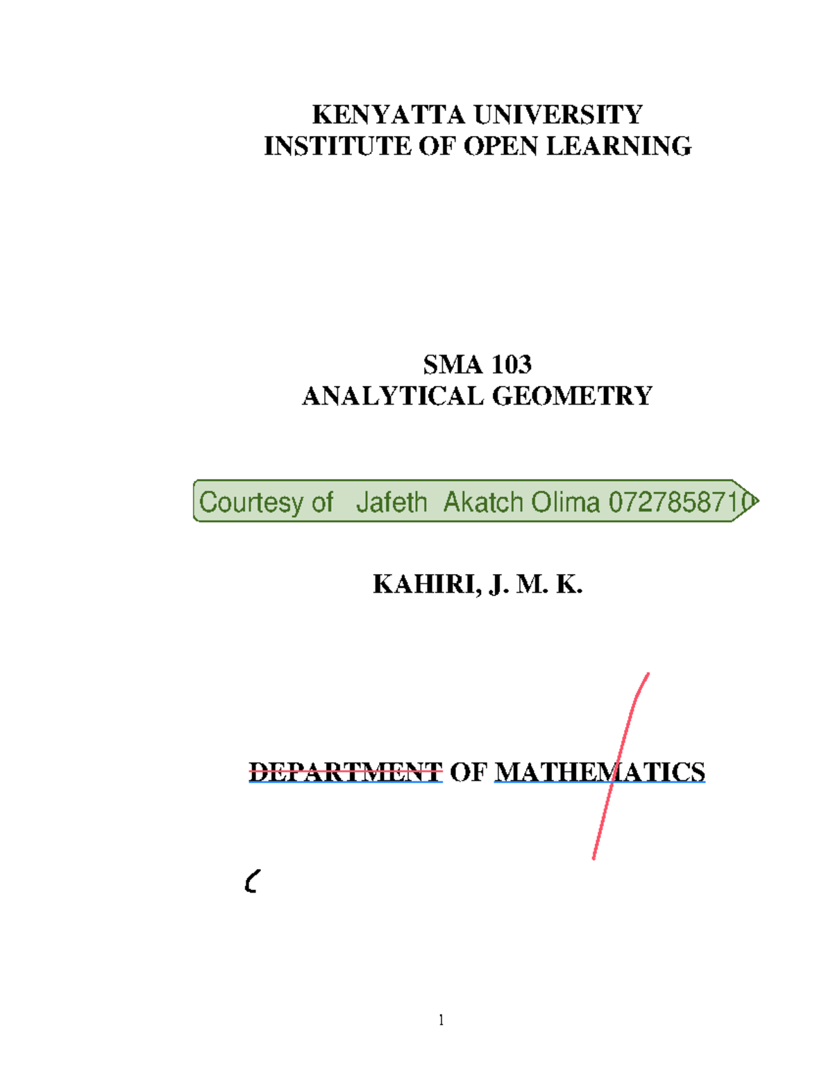 SMA 103 Analytical Geometry - Comprehensive Study Notes - Studocu