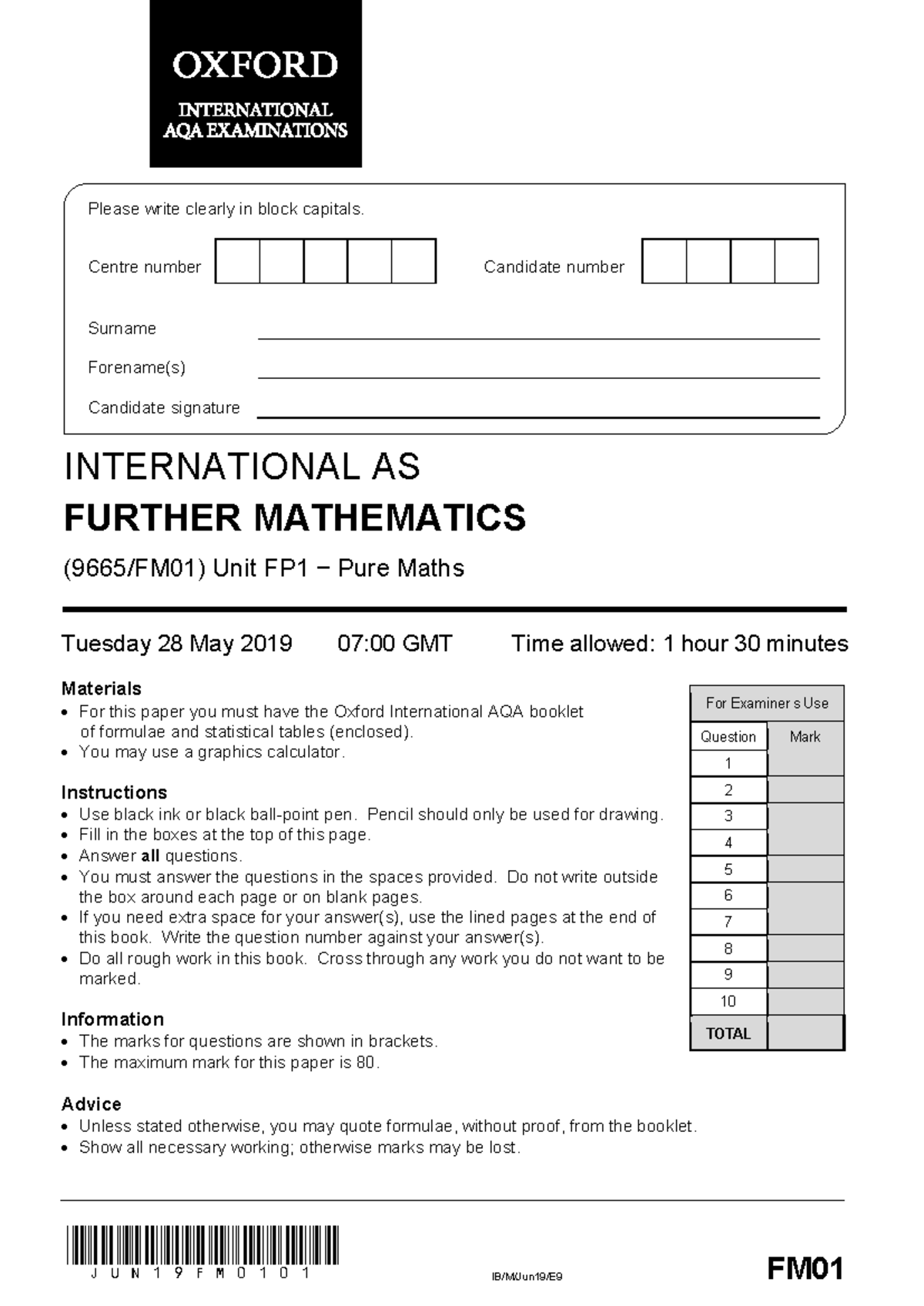 FM01 P1 Pure Maths Past Paper - May 2019 Exam - Studocu