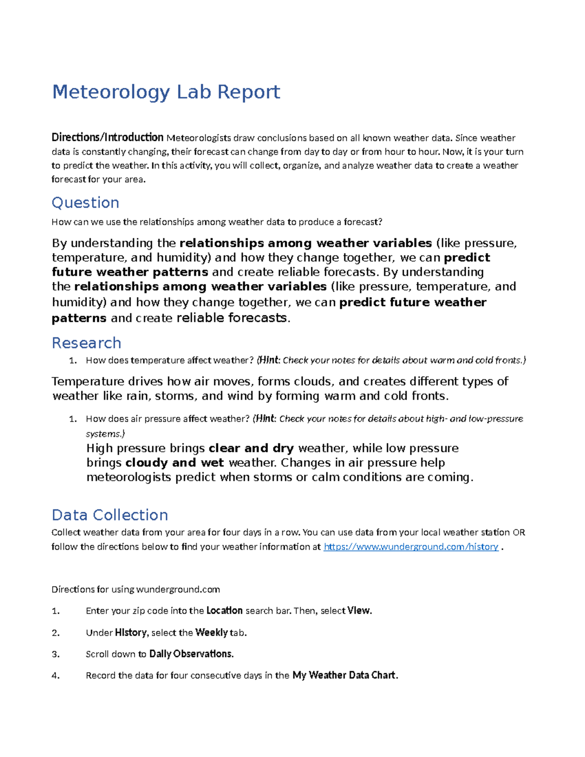 Meteorology Lab Report: Analyzing Weather Data for Forecasting - Studocu