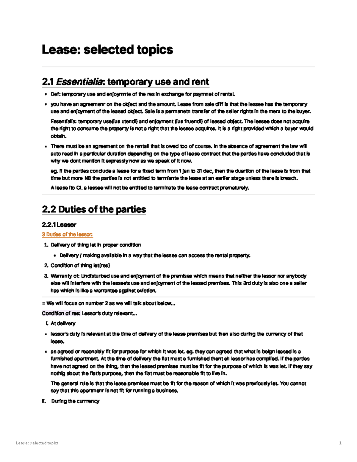 Contract Law: Lease - Selected Topics on Essentialia and Duties - Studocu