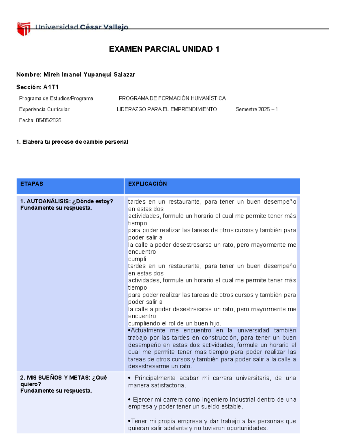 Examen Parcial Unidad 1: Proceso de Cambio Personal y Liderazgo - Studocu