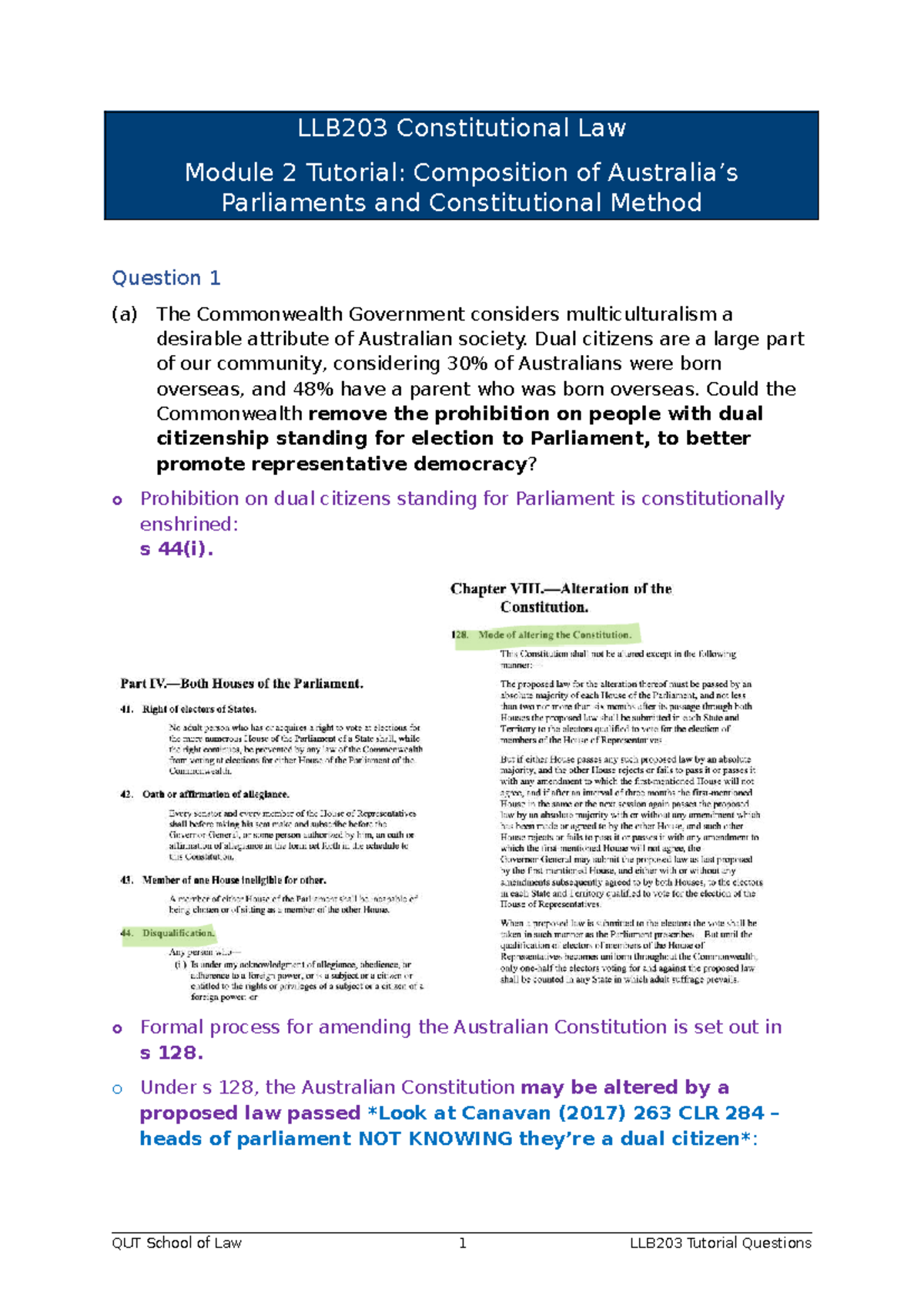 LLB203 Constitutional Law Module 2 Tutorial: Key Questions and Analysis ...