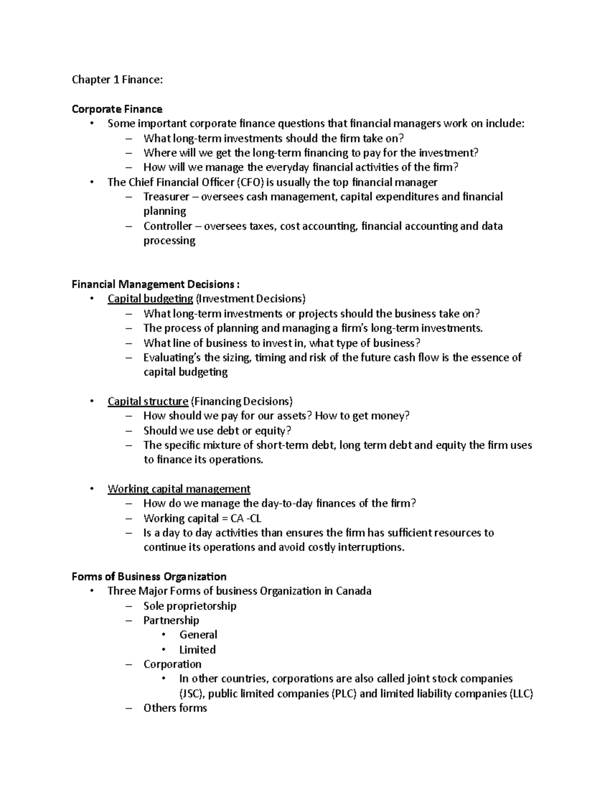 Finance notes - Chapter 1 Finance: Corporate Finance - Some important ...