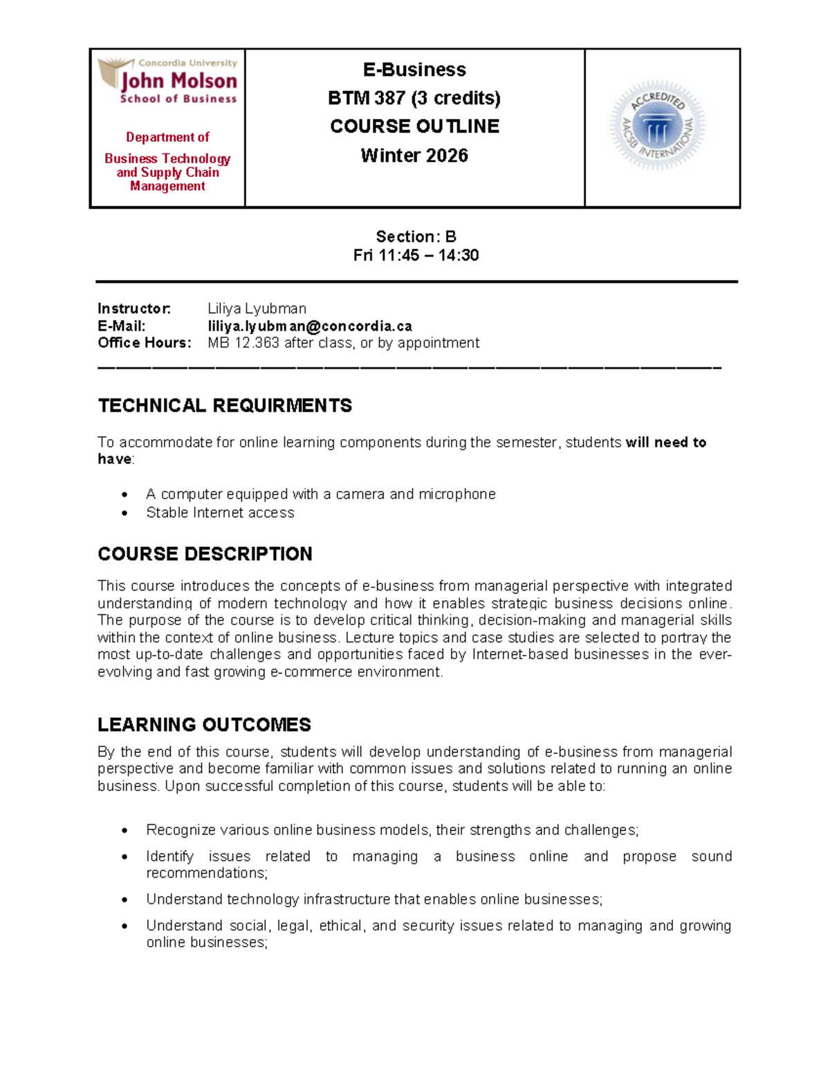 BTM 387 Winter 2026 Sec B Course Outline and Schedule - Studocu