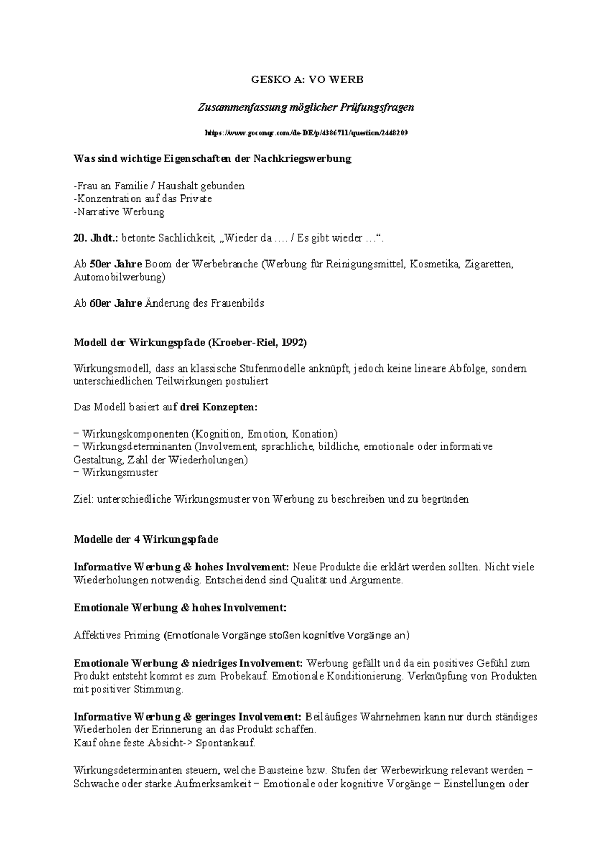 GESKO A: VO WERB Prüfungsfragen und Werbewirkungsmodelle ...
