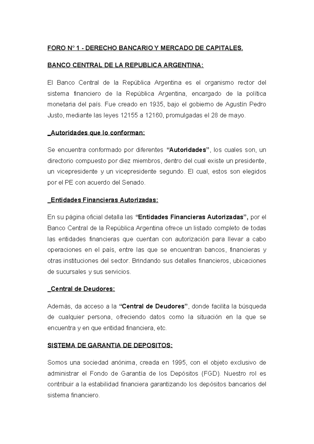 FORO 1 - Derecho Bancario y Mercado de Capitales en Argentina - Studocu