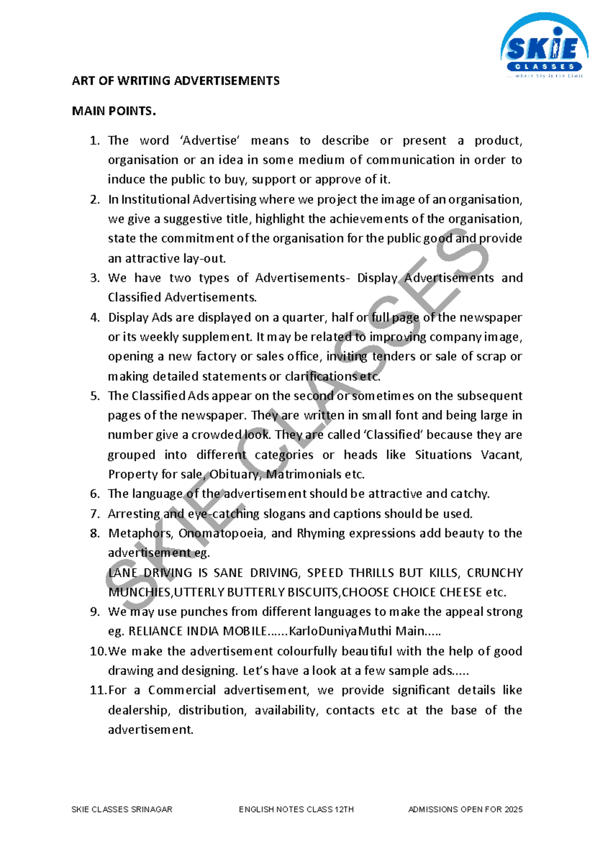 English Notes Class 12TH - ART OF WRITING ADVERTISEMENTS MAIN POINTS. 1 ...
