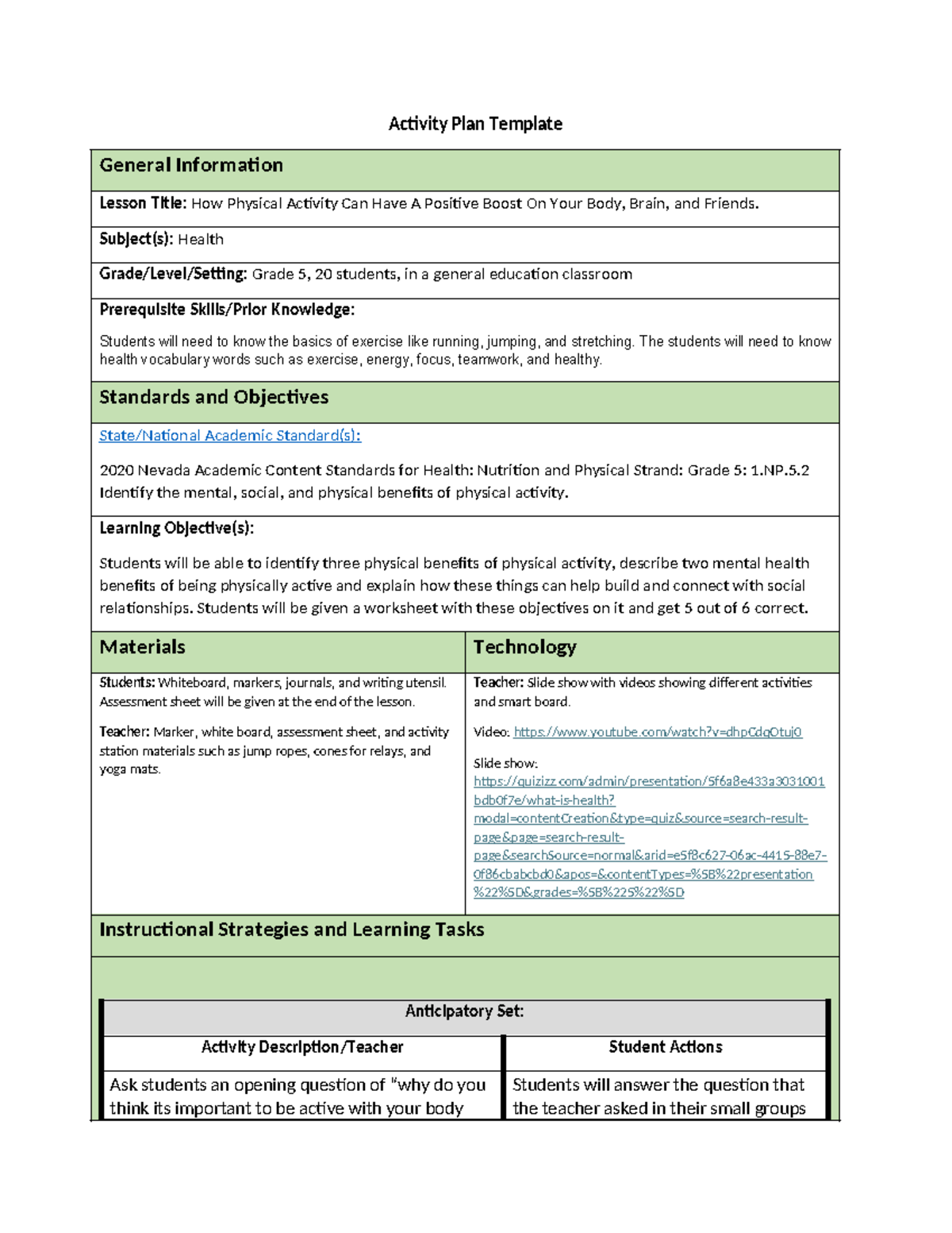 Health Ed. Lesson Plan Task 1 - Activity Plan Template General ...