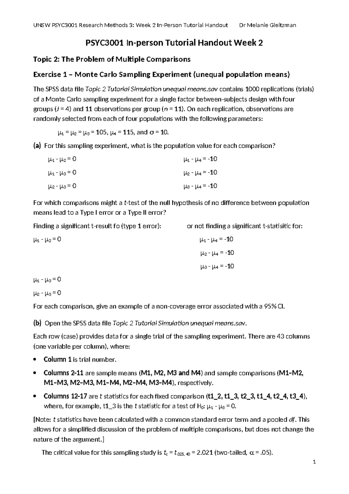 UNSW PSYC3001 Research Methods 3: Week 2 Tutorial Handout on Monte ...
