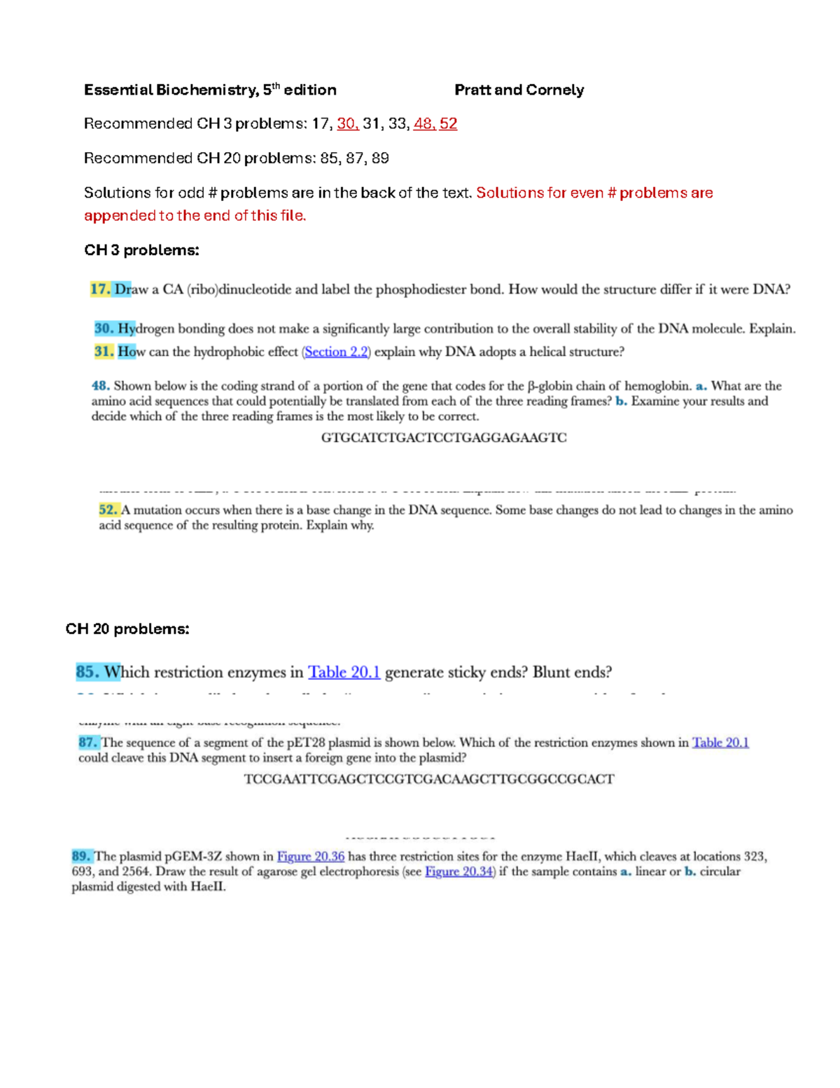 Essential Biochemistry CH 3 & 20 Solutions - Studocu