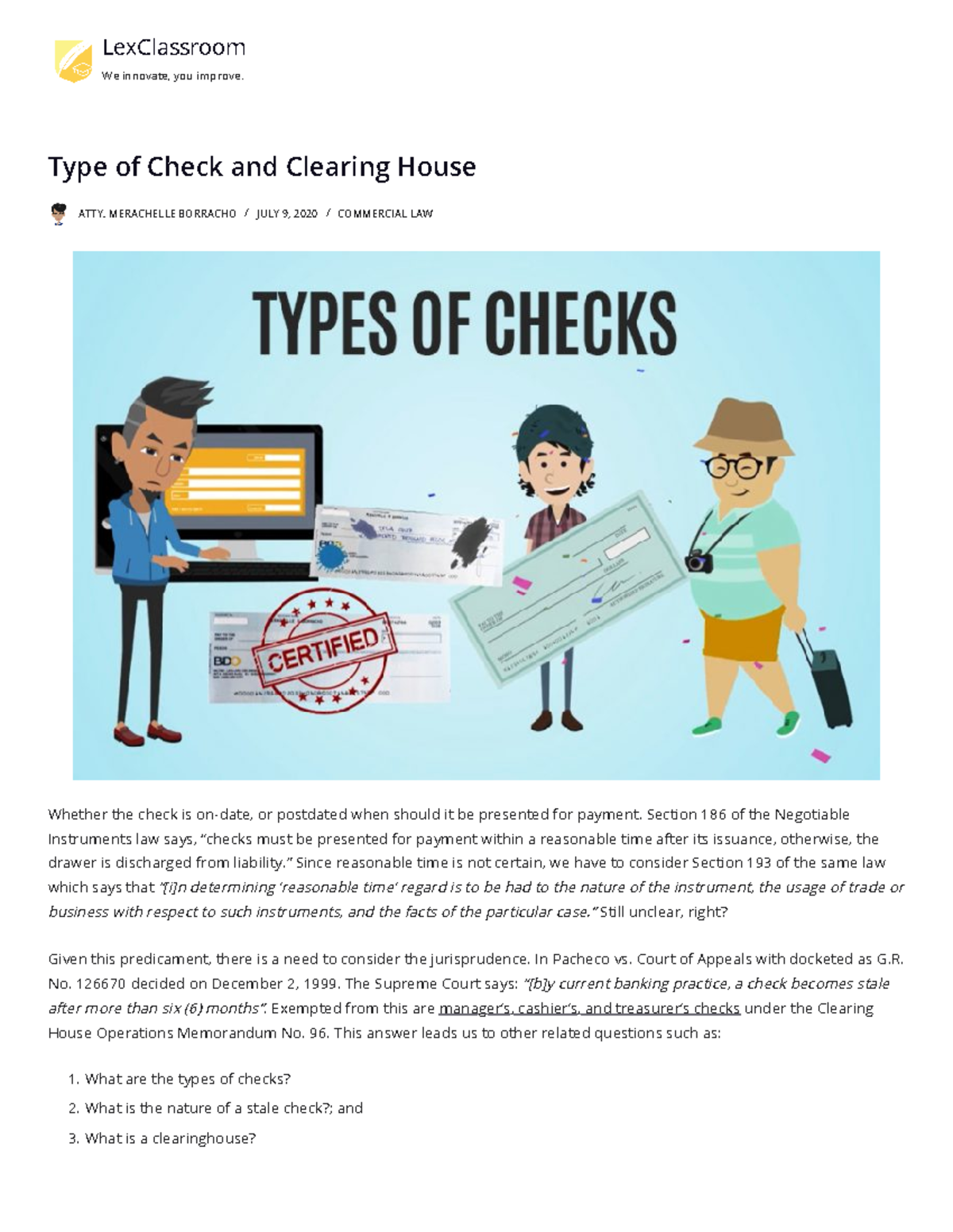 Types of Checks and Clearing House Operations - COMMERCIAL LAW - Studocu