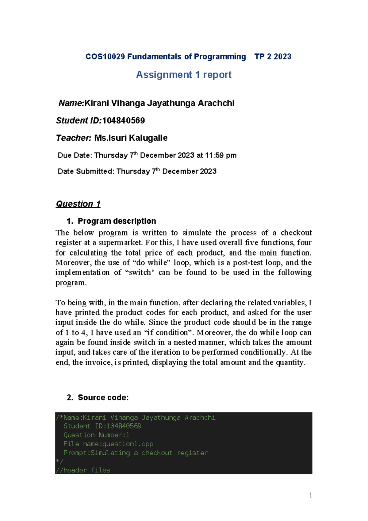 Fundamentals of Programming Assignment 1 - COS10029 Fundamentals of ...