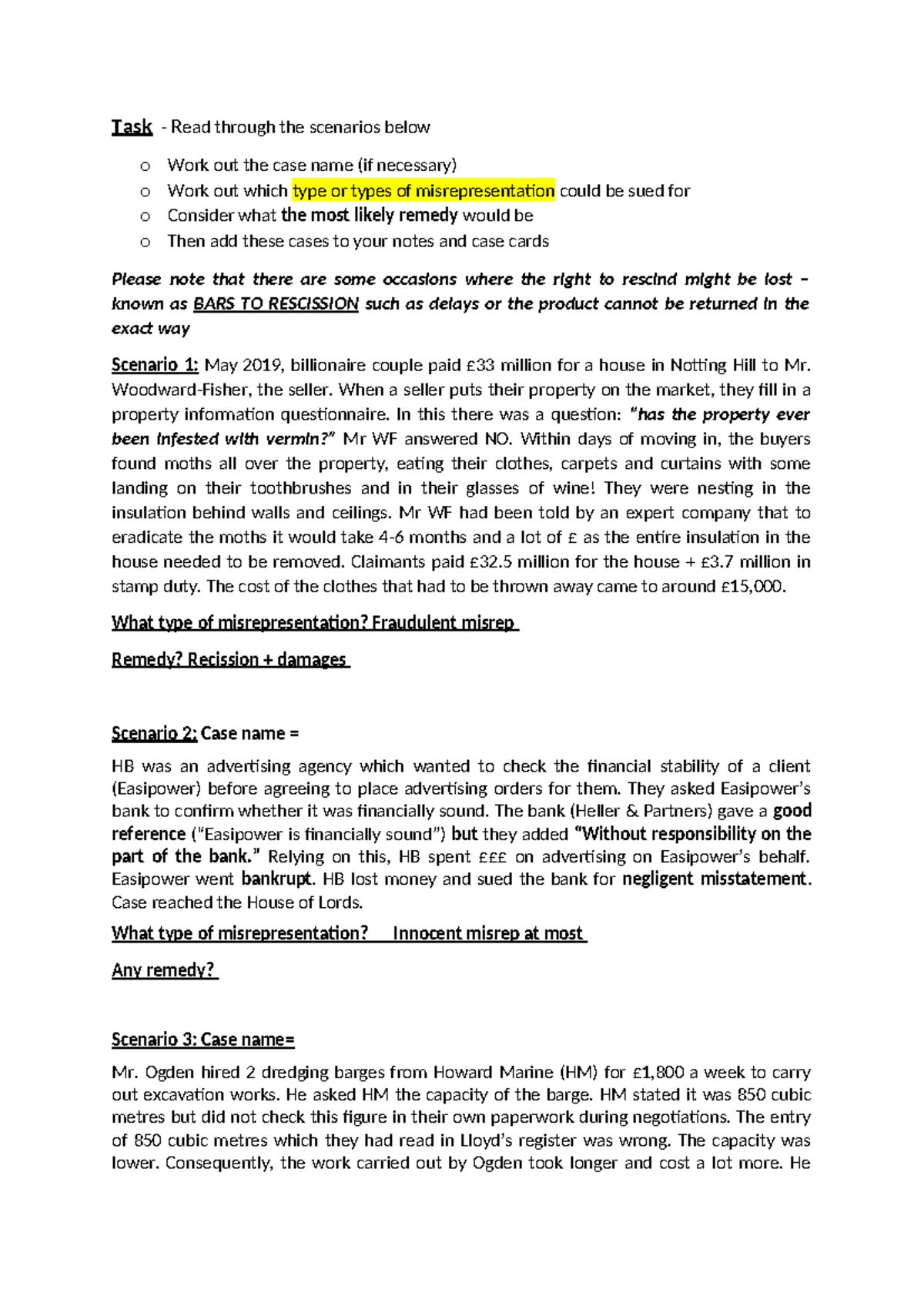 Misrepresentation Application Questions (2026) and Case Analysis - Studocu