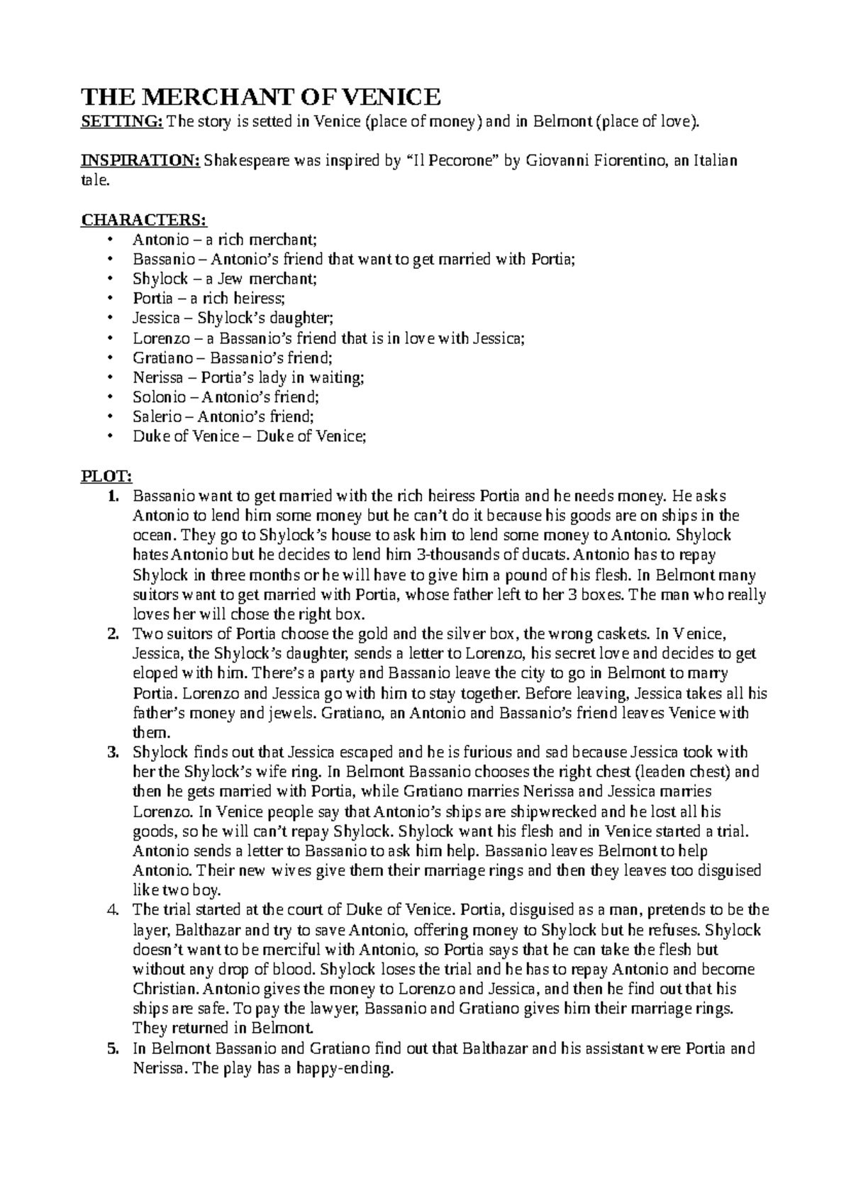 THE MERCHANT OF VENICE: Summary & Analysis (ENG 101) - Studocu