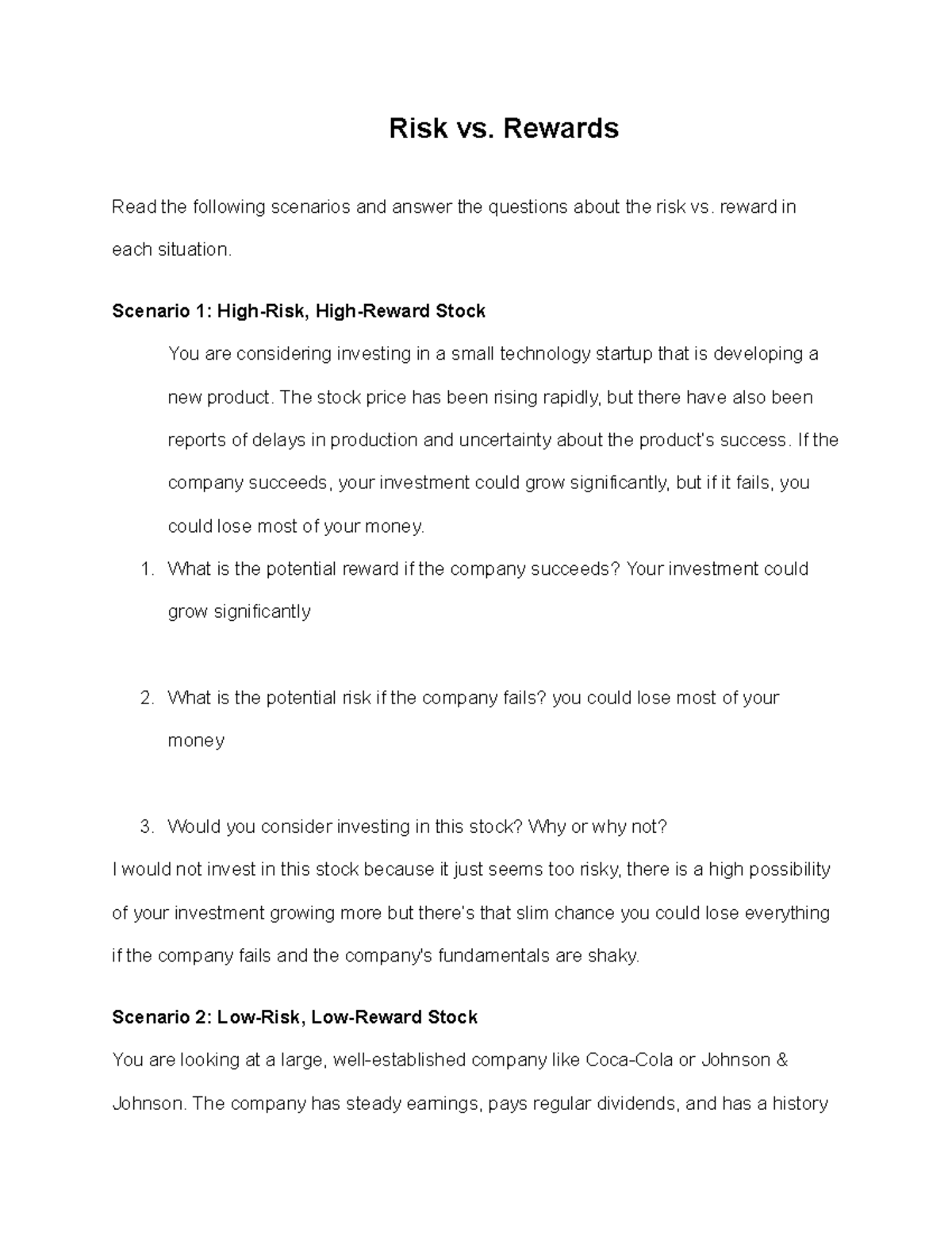Risk vs. Reward Analysis Worksheet: Scenarios and Insights - Studocu