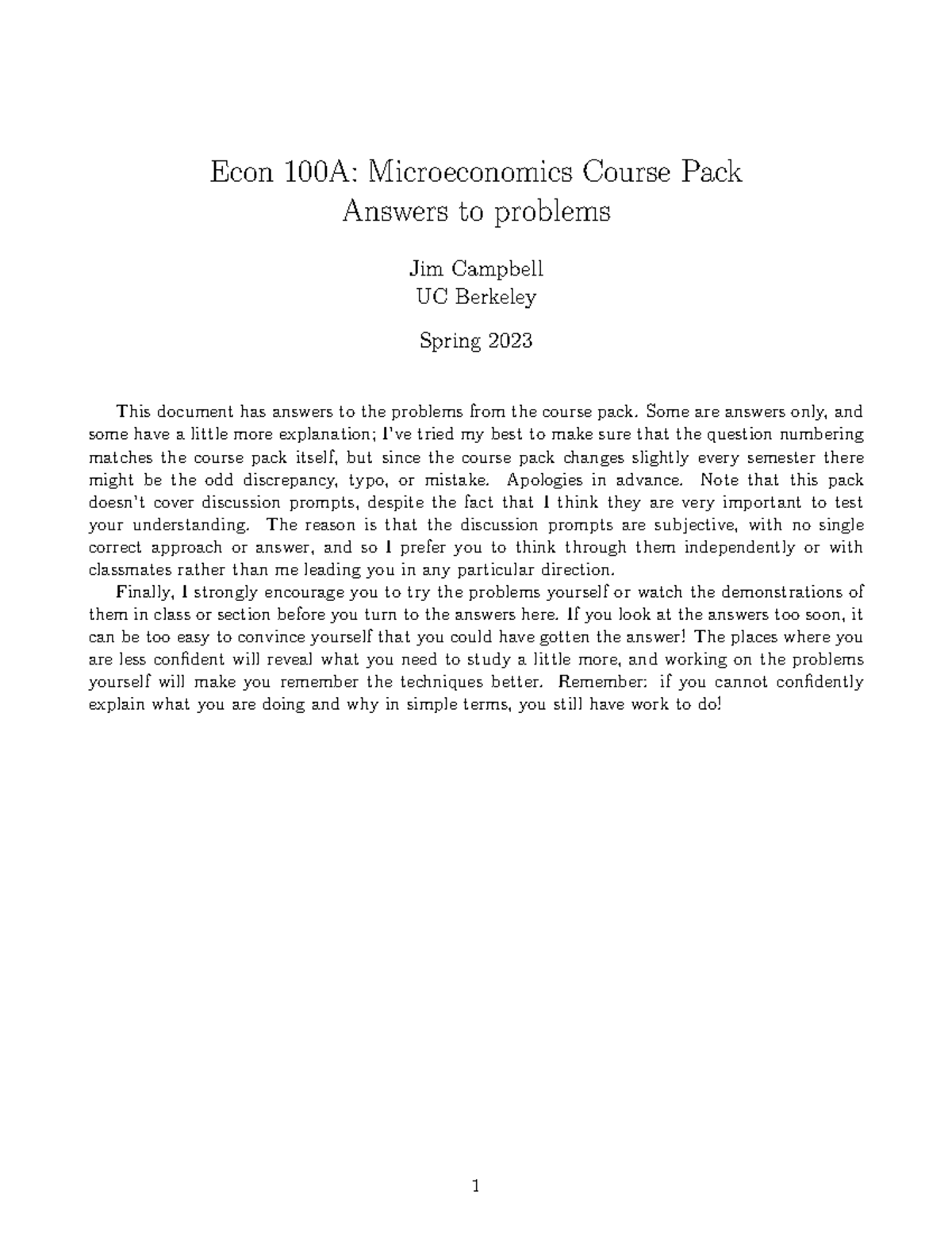 Econ 100A: Answers to Microeconomics Course Pack Practice Problems ...