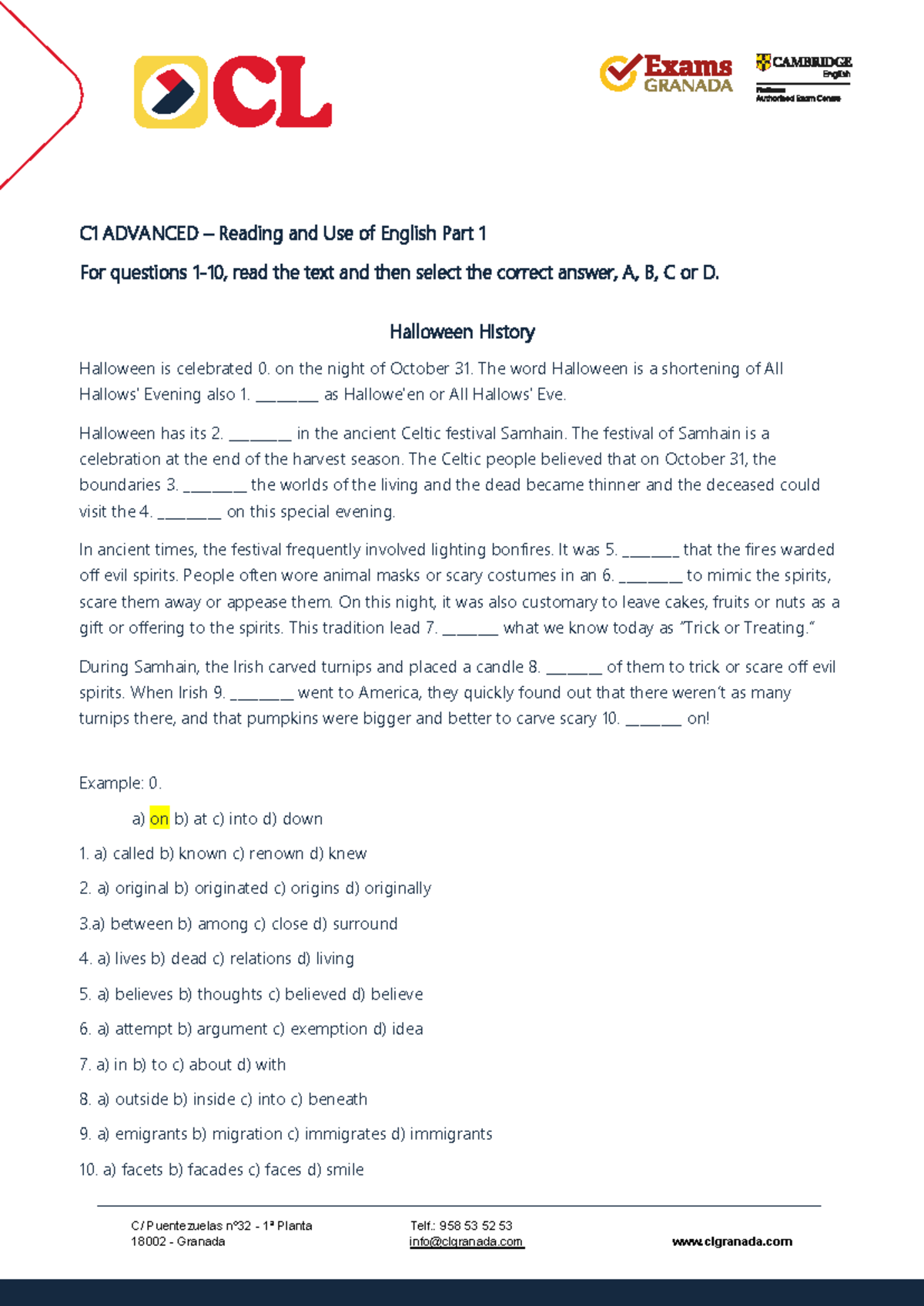 C1 ADVANCED Reading & Use of English Part 1: Halloween History - Studocu