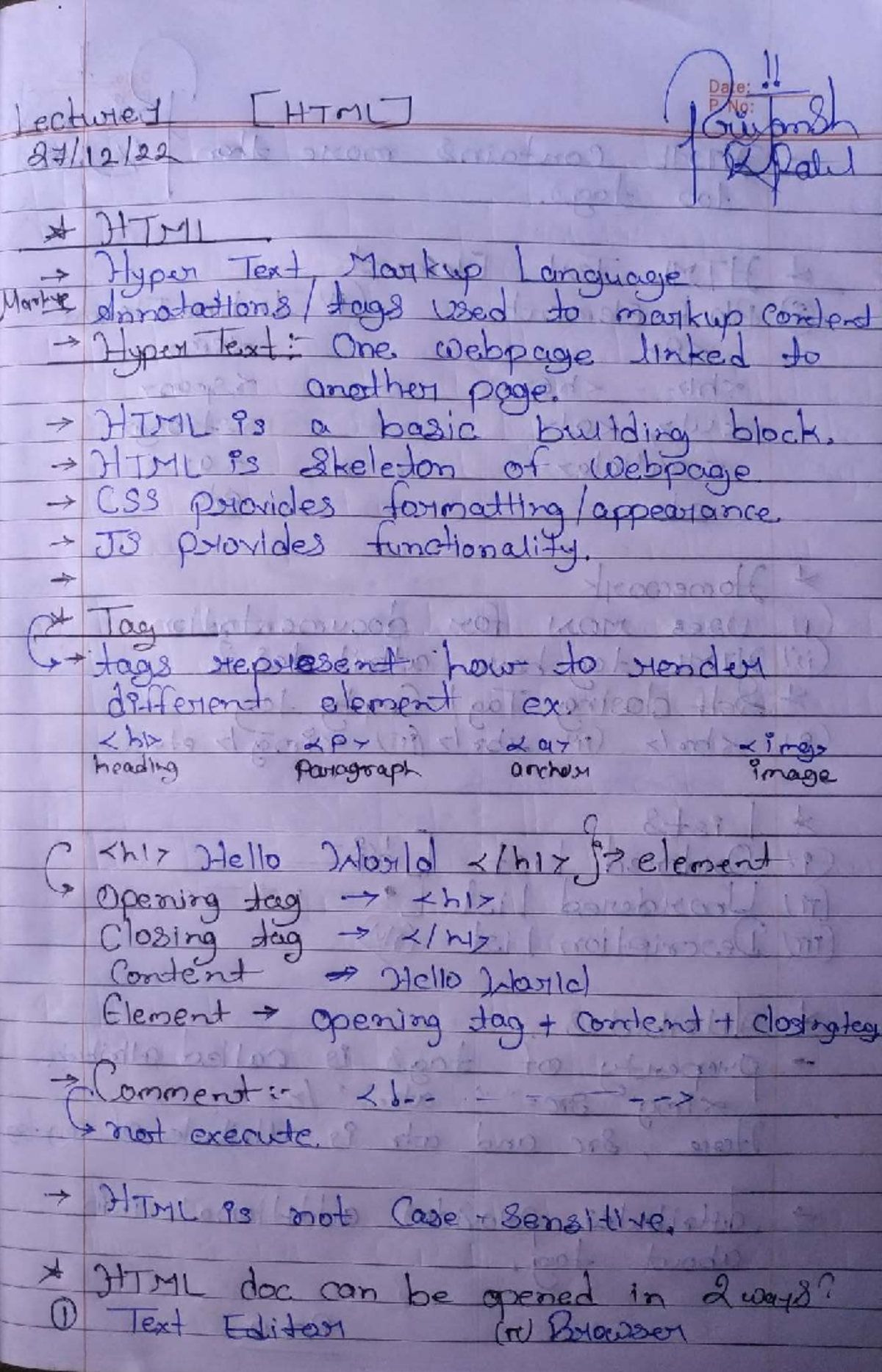 Lecture 1 - Handwritten Notes on HTML Basics and Elements - Studocu