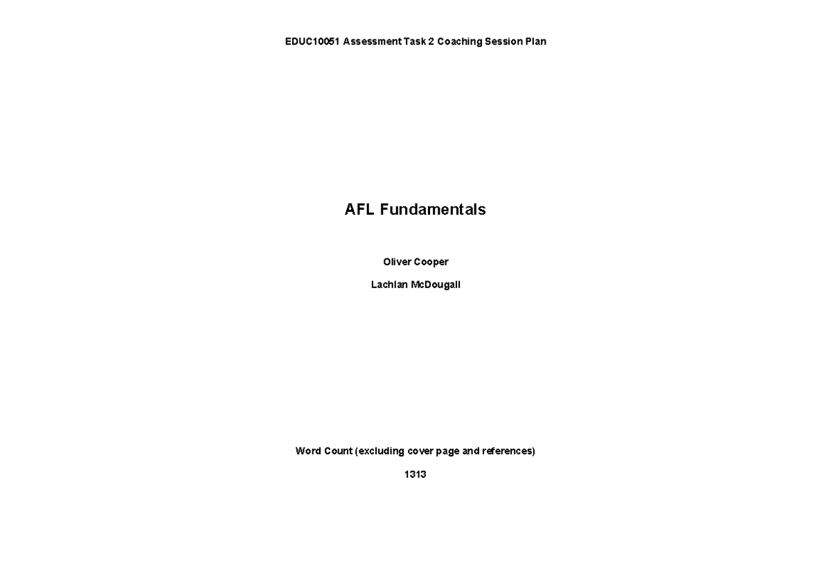 EDUC10051 Final Exam Coaching Session Plan for AFL Fundamentals - Studocu