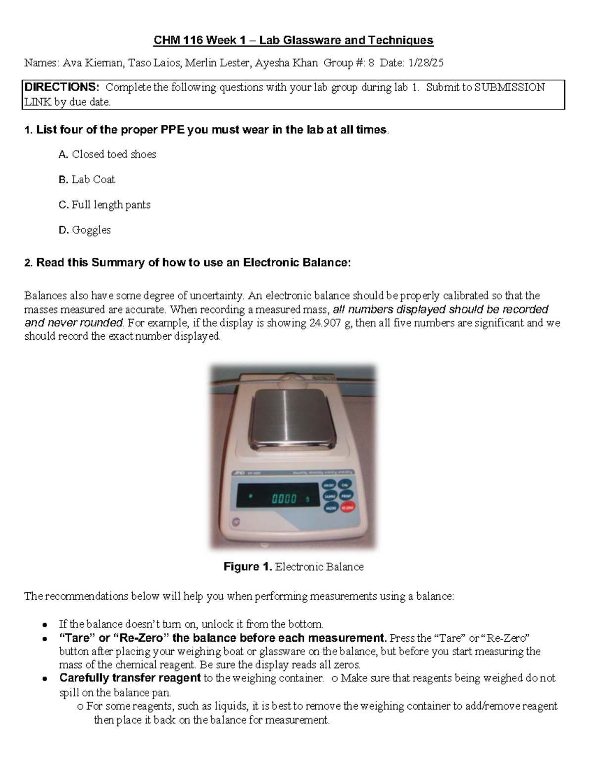 CHM 116 Spring 2025 Lab 1: Glassware & Techniques Worksheet - Studocu