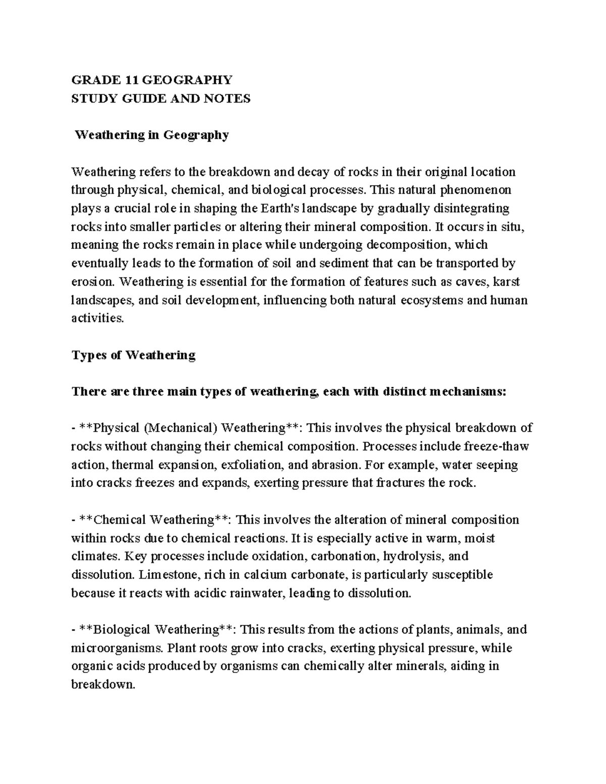GRADE 11 GEOGRAPHY STUDY GUIDE: Weathering, Erosion & Coral Reefs - Studocu