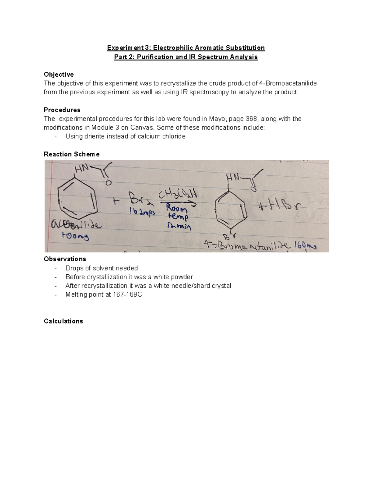 Orgo 2 Lab 3: Electrophilic Aromatic Substitution & Analysis Report ...