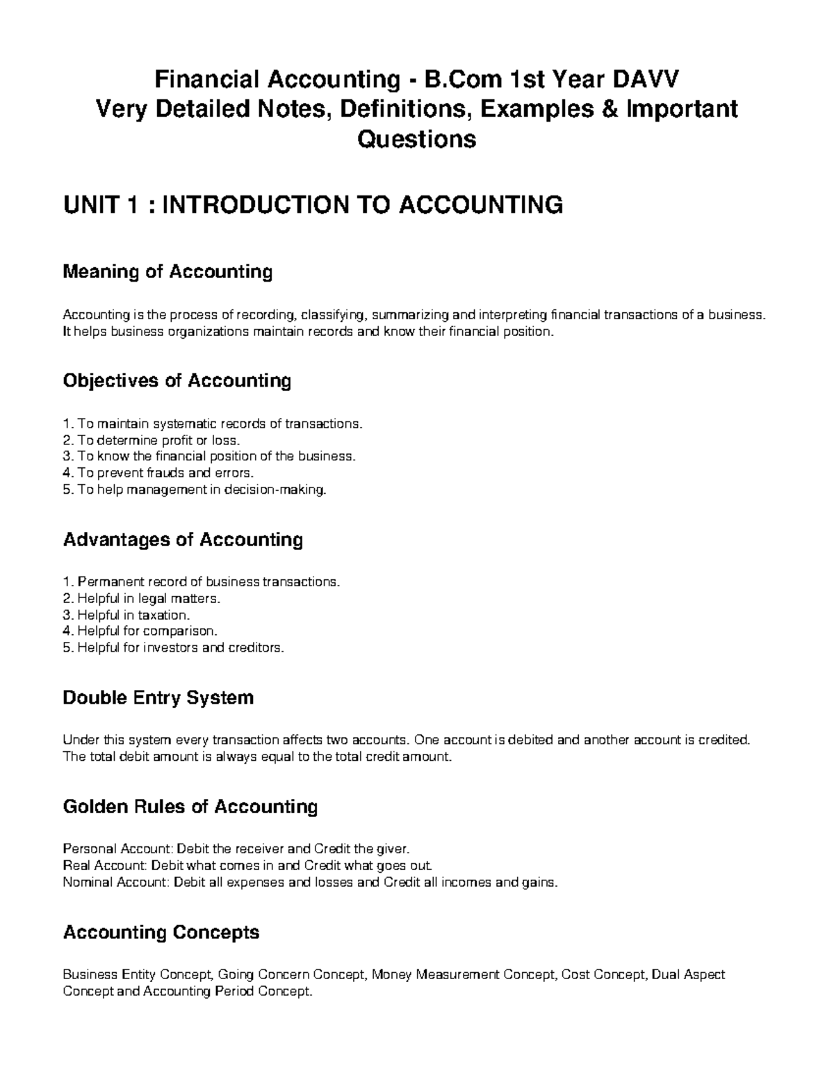 Very Detailed Financial Accounting Notes B.Com 1st Year DAVV - Studocu