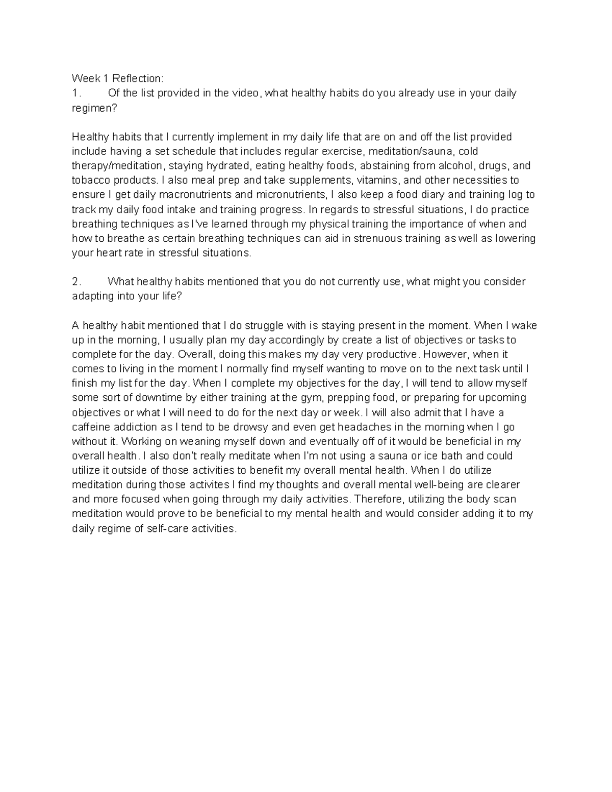 NR 103 - Week 1 Reflection on Healthy Habits and Self-Care Strategies ...