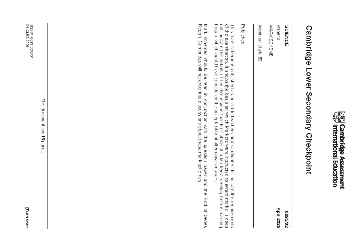 2025 April Checkpoint SCIENCE Paper 2 Mark Scheme - Studocu