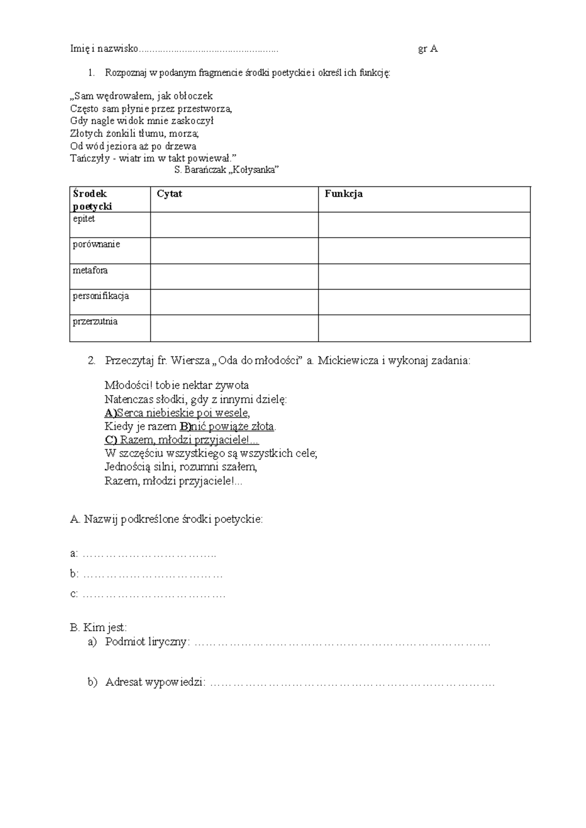 środki Poetyckie Sprawdzian Gimnazjum Prawda Fałsz www.studocu.com