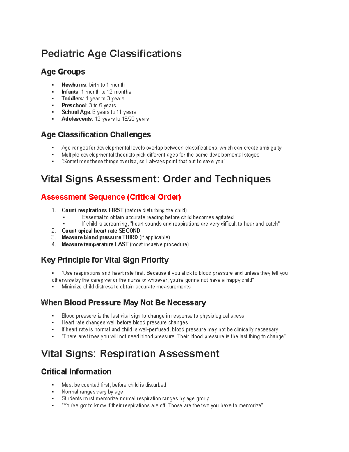Pediatric Vital Signs Assessment & Age Classifications (PEDS 101) - Studocu