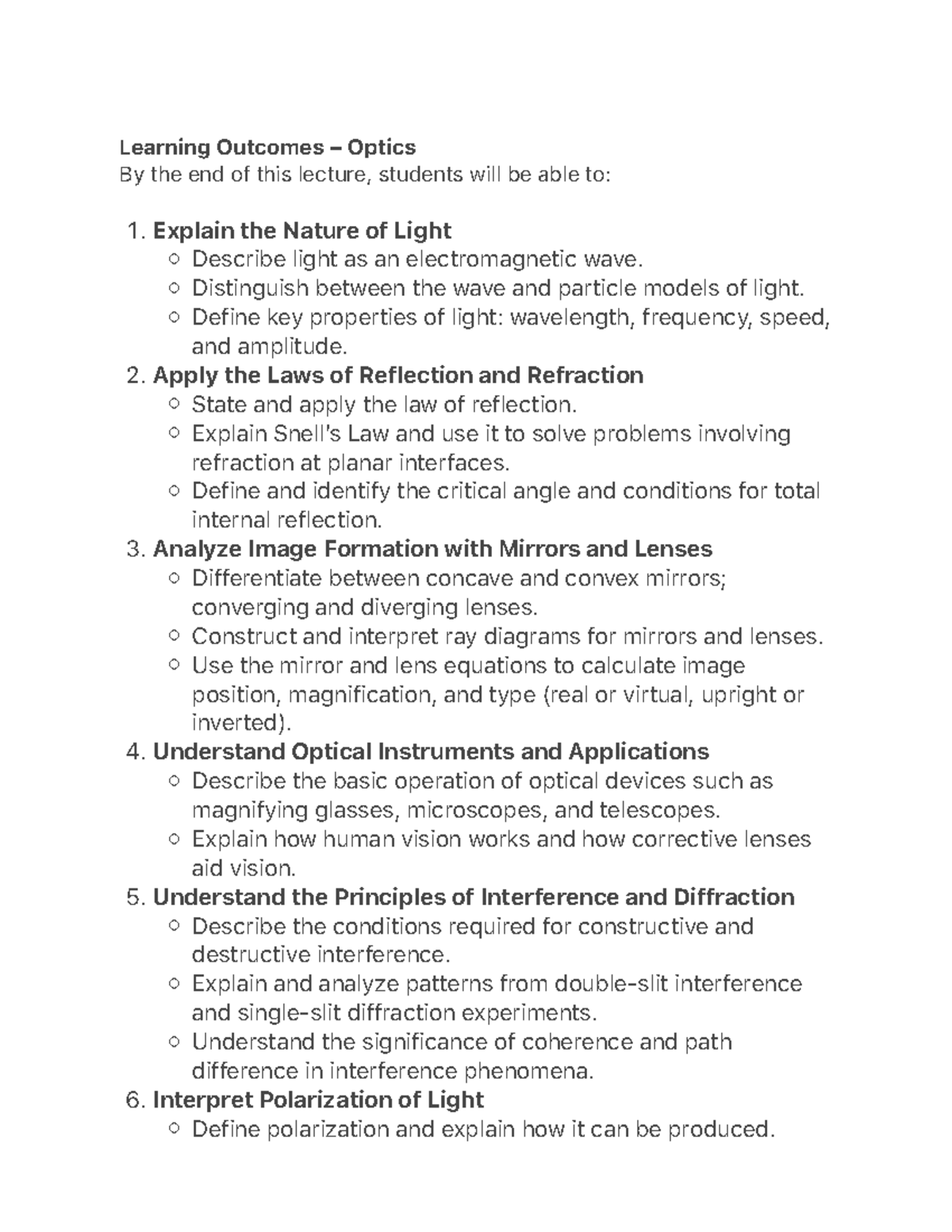 Learning Outcomes - Optics (Course Code: 123456) - Studocu