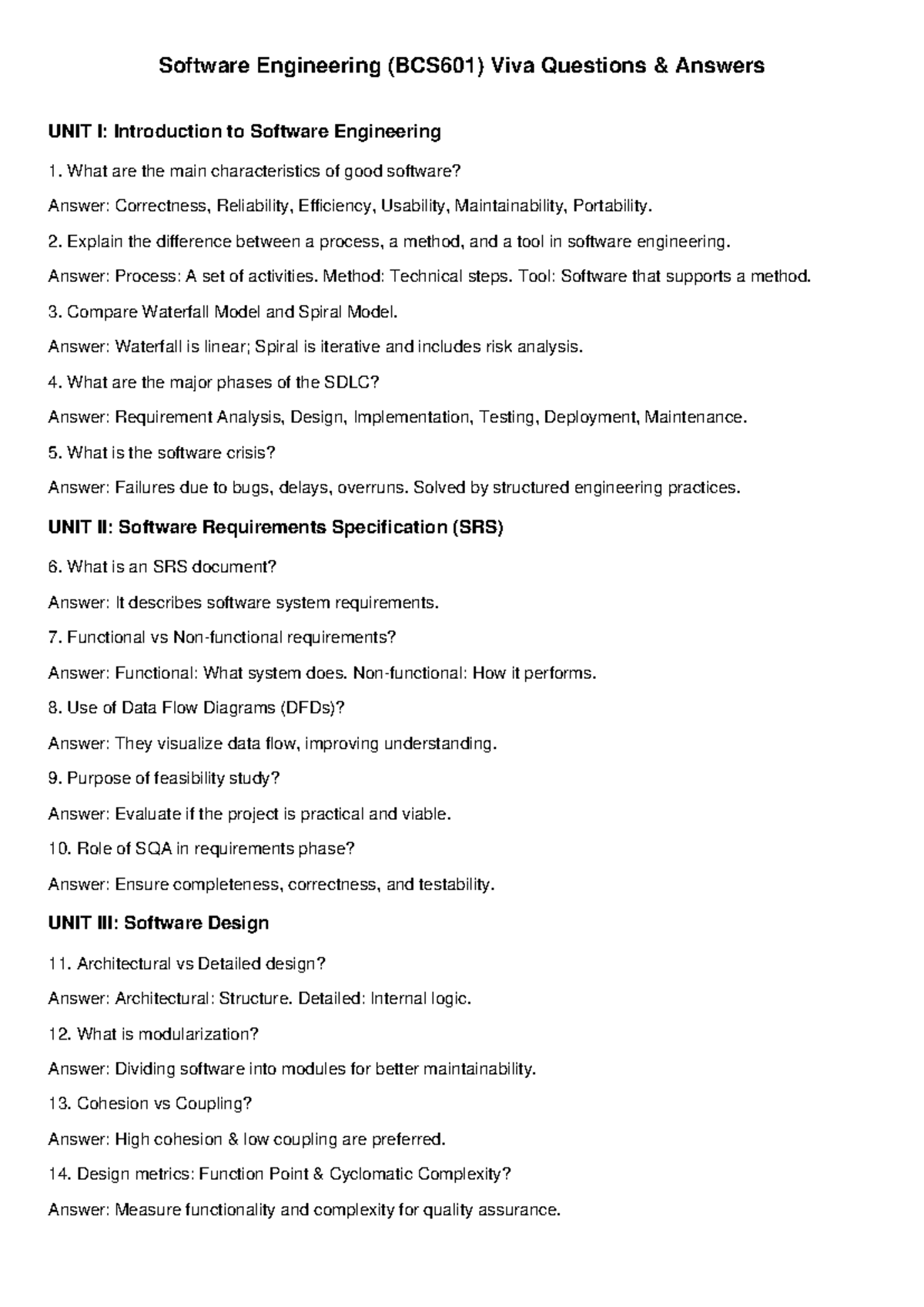 Software Engineering (BCS601) Viva Questions & Answers Overview - Studocu