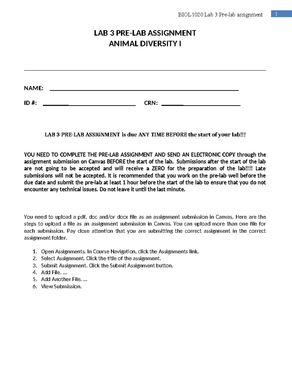 BIOL1020 Lab 3 Assignment: Animal Diversity & Development Overview ...